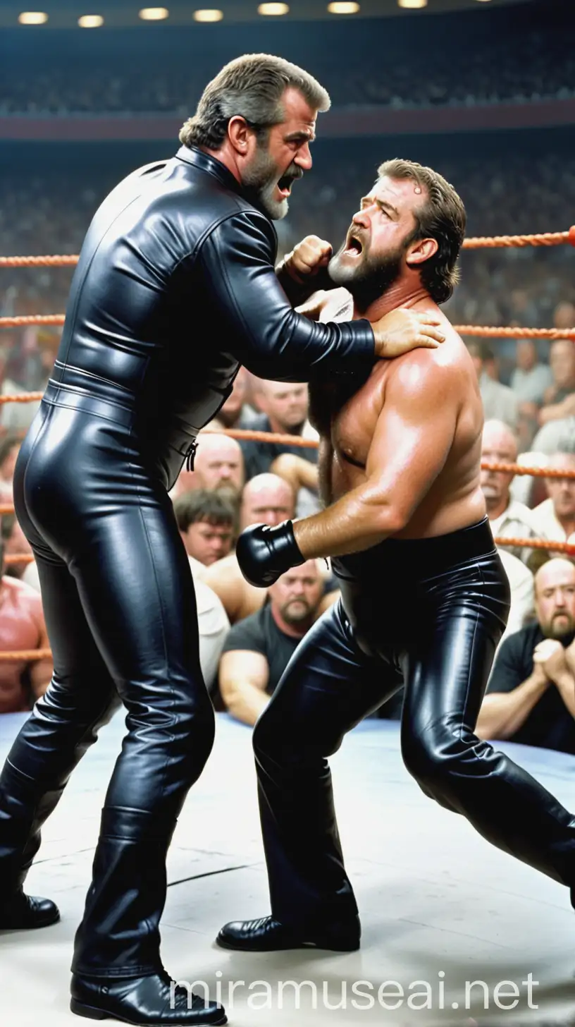 A vigorous fight, with Mel Gibson bearded in a black leather suit, facing Russell Crowe, who squeezes him from behind in a wrestling match.