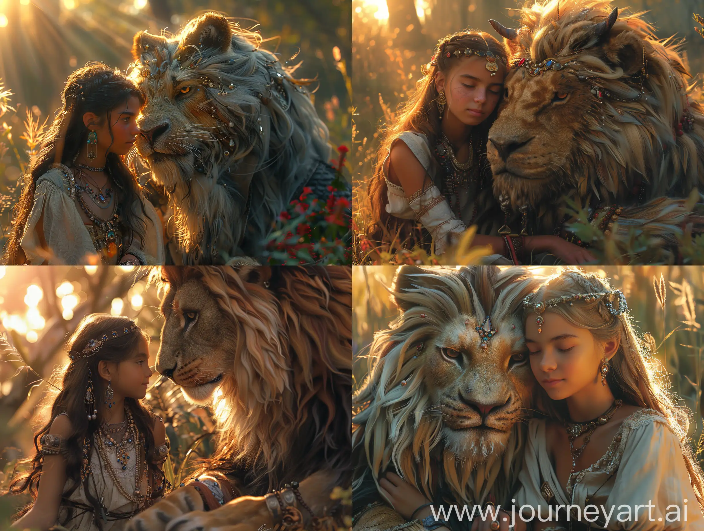 a sweet girl with her big friendly furry beast. they are good friends. the girls wears old fashioned clothing with jewelry. The beast has many colors and has long fur and is a mixed species of a lion and a dragon. the sun is setting. they are in a magical forest. sunrays though lust vegatation. very detailed. --s 1000