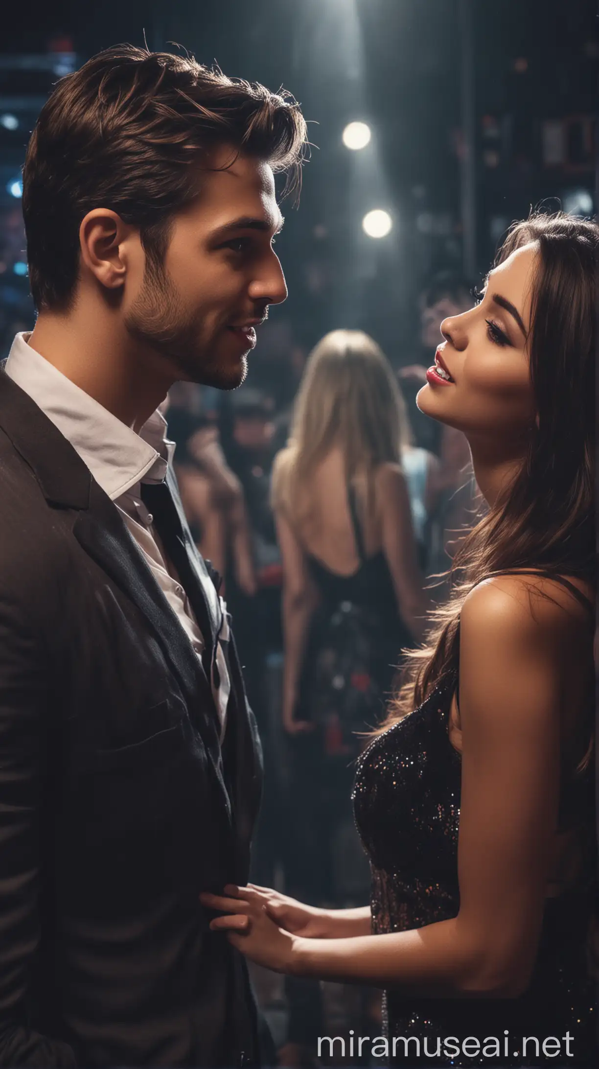create an image of a man talking to a beautiful girl on a night club
