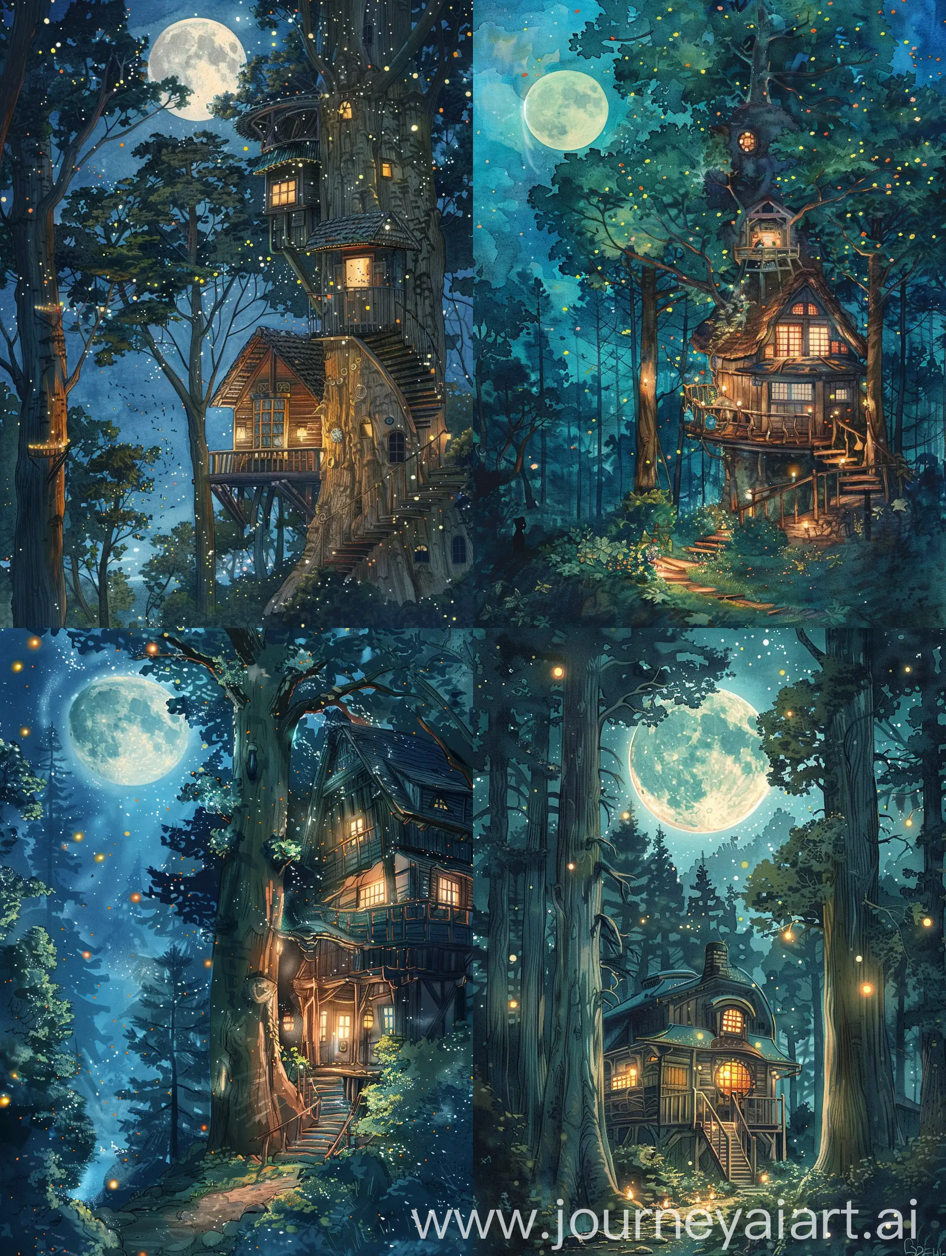 A scene from a studio Ghibli film, A cozy home middle of the forest .fireflies blink off and on magical trees inhabit the forest full moon nighttime scene, Ghibli movie scene animated, Watercolor, trending on artstation, sharp focus, studio photo, intricate details, highly detailed, by greg rutkowski