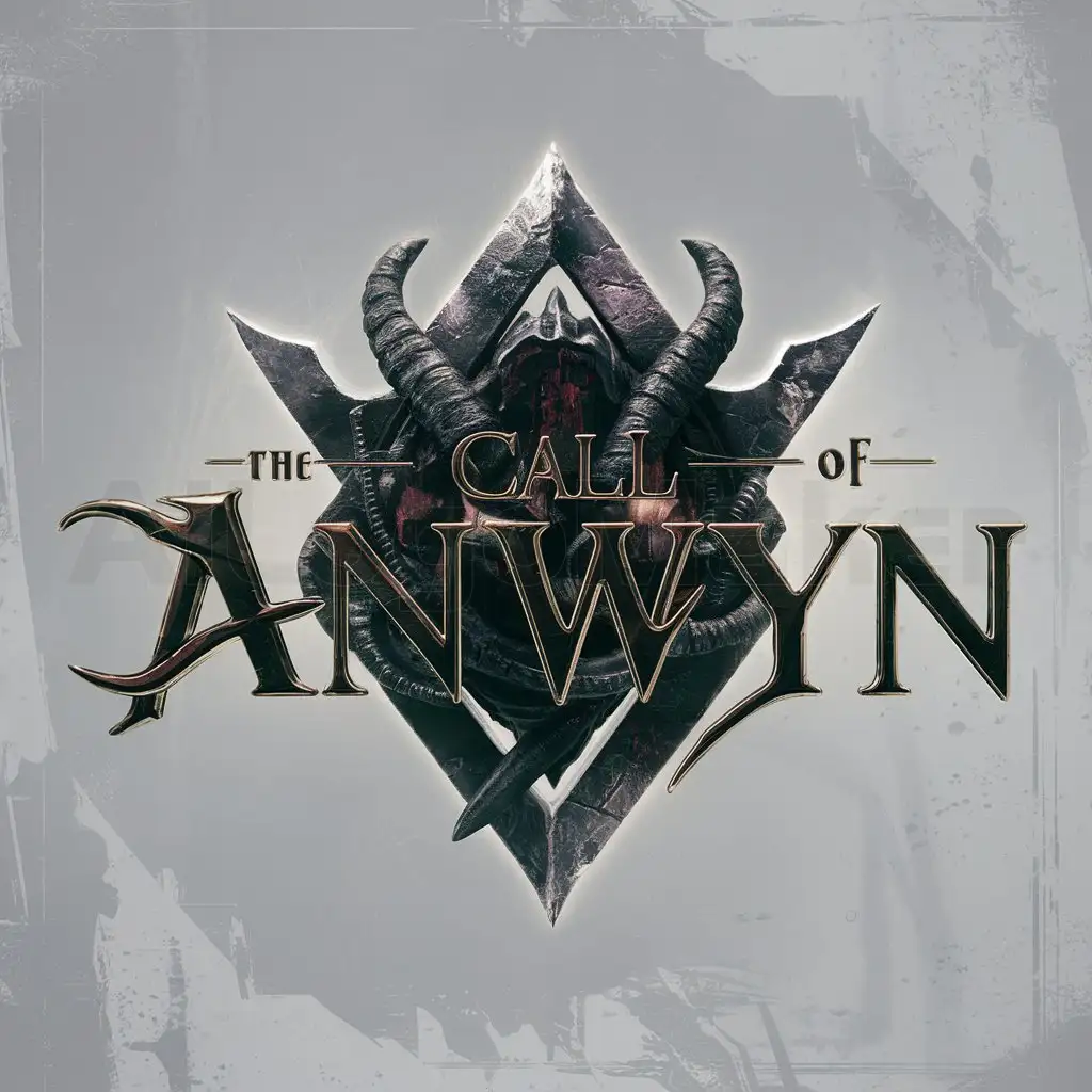 a logo design,with the text 'TheCall of Anwyn', main symbol:logo fantasy, d&d, dark, violent, 3d, cinematic, clean sign logo, Dark Souls look like, majestik, sharp focus, cinematic lighting, photorealistic, medieval,Moderate,darkandgrungebackground,intricate, no colour, scale of grey