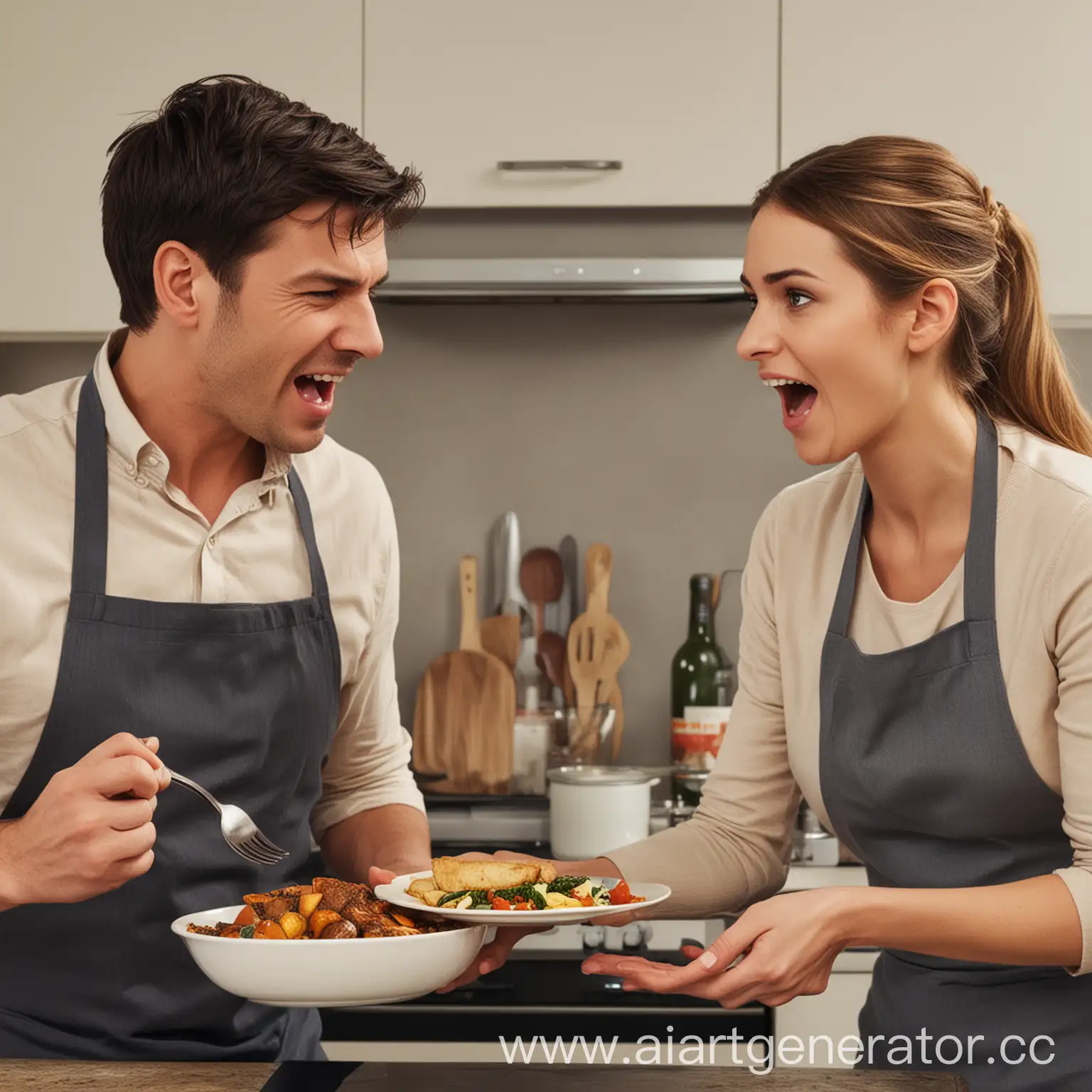 Сгенерируй картинку на которой пара не может выбрать что приготовить на ужин и ругается из-за этого