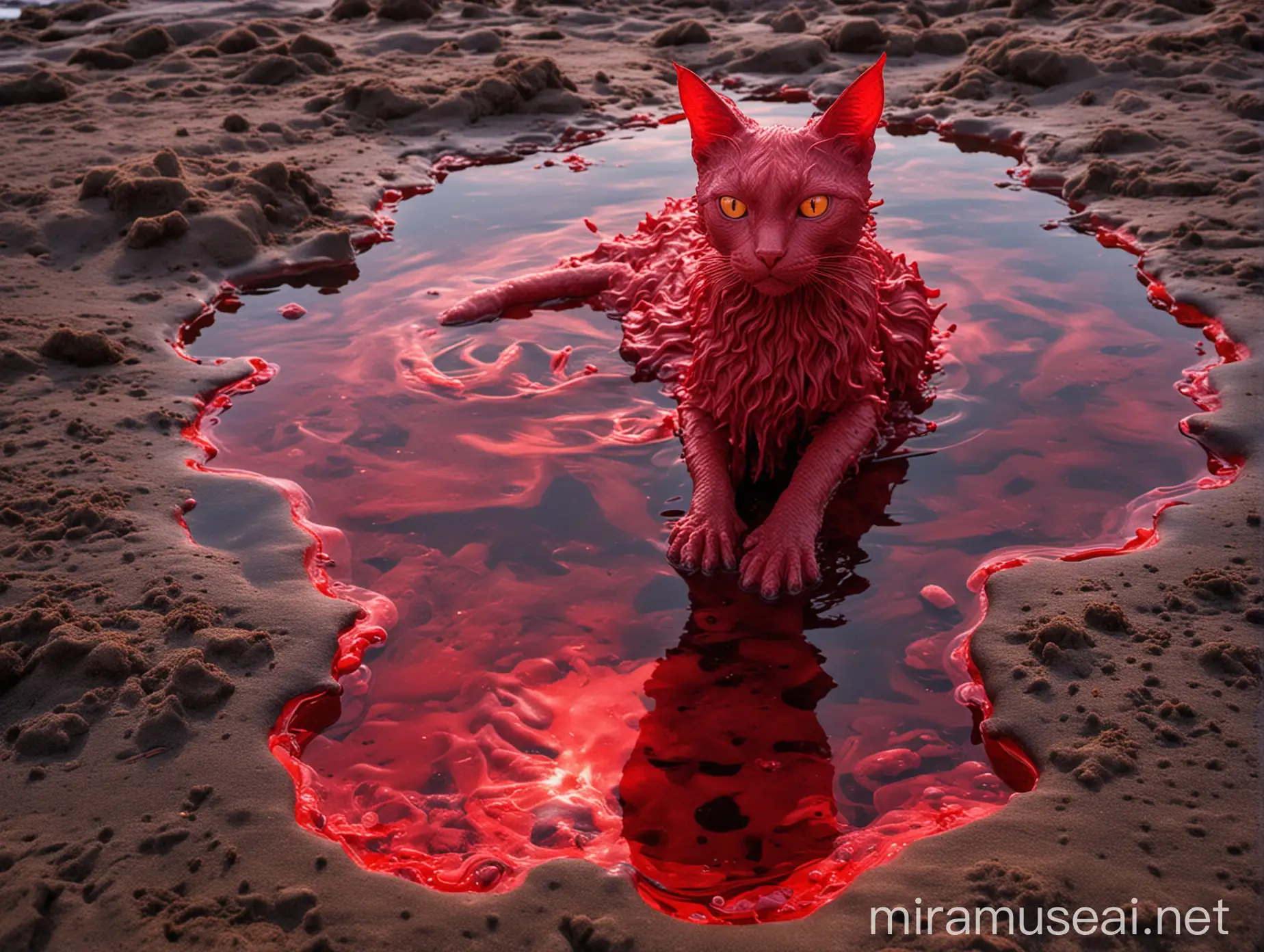 Crimson non-Newtonian tide pools, begin to morph into a cat-like creature. This transformation captures the fluid solidifying into a figure that resembles a person glowing in the same ethereal crimson light.