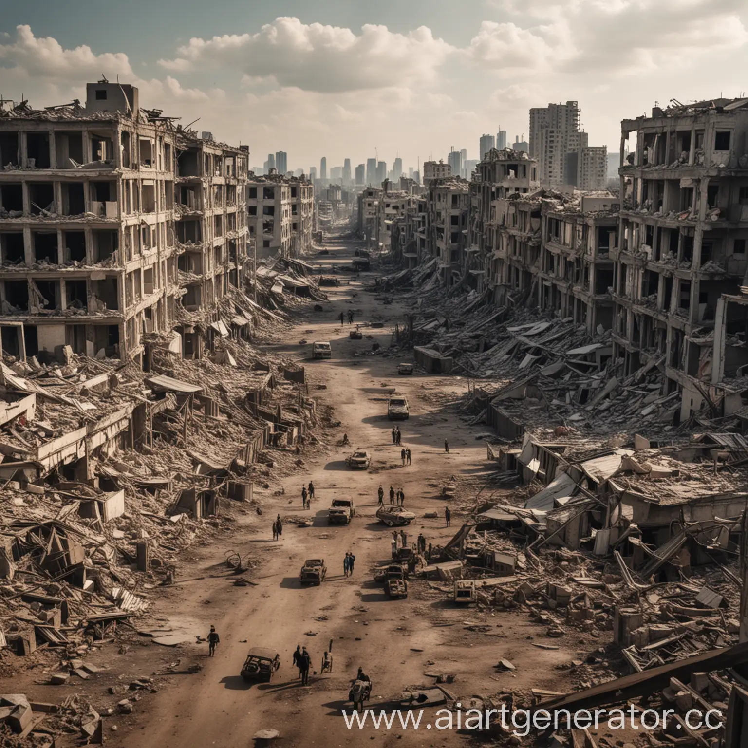 разрушенный после войны город, не слишком крупный, вид в основном направлен на в некоторых местах разбомбленный многоэтажки
