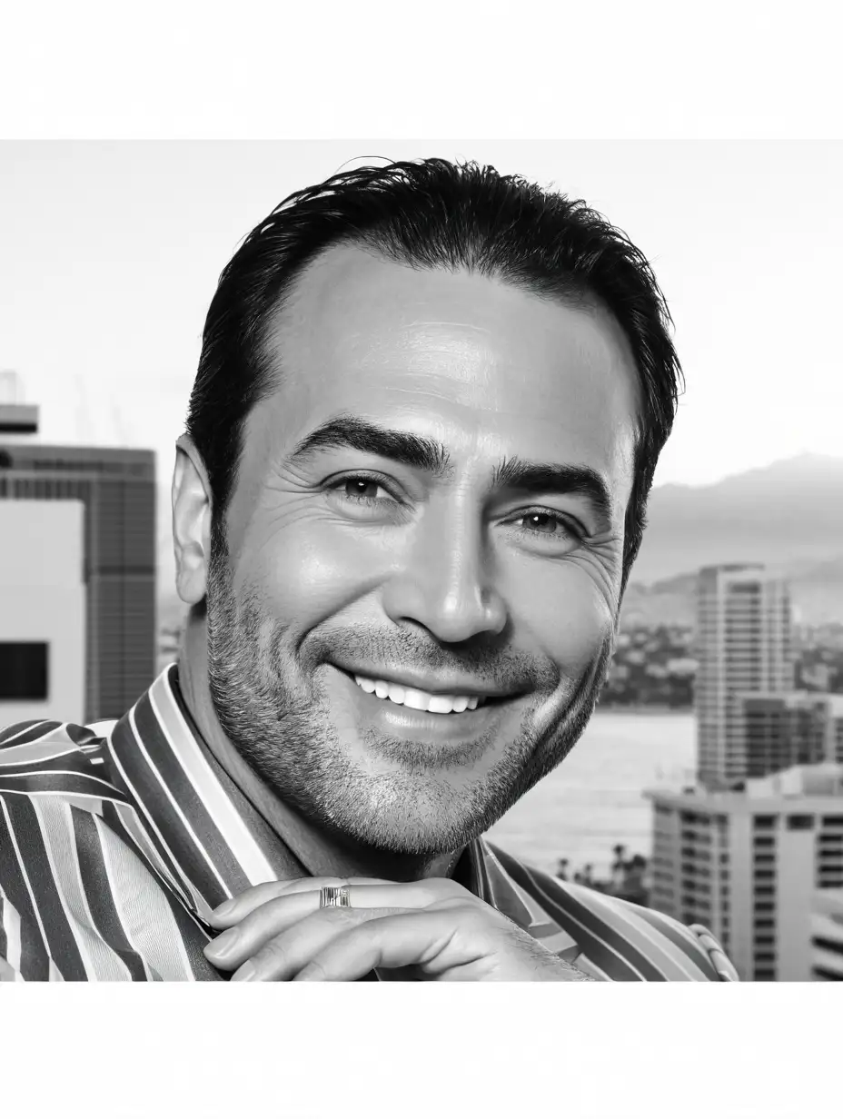 Transform image from grayscale to colour with beautiful elegant jewish fat face businessman 37 years old no hair on head look direct to camera sarcastic smiling wearing Armani classical casual gray suit with Stripes and shirt sitting business lounge balcony los angeles City skyscraper top floor to sunrise sea view in windows