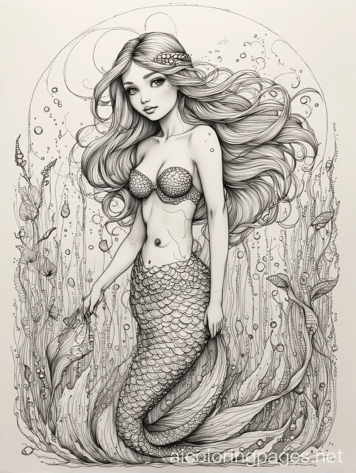mermaid_pen_and_ink_and_watercolor_fine_art_masterpiece_g rated, Coloring Page, black and white, line art, white background, Simplicity, Ample White Space. The background of the coloring page is plain white to make it easy for young children to color within the lines. The outlines of all the subjects are easy to distinguish, making it simple for kids to color without too much difficulty
