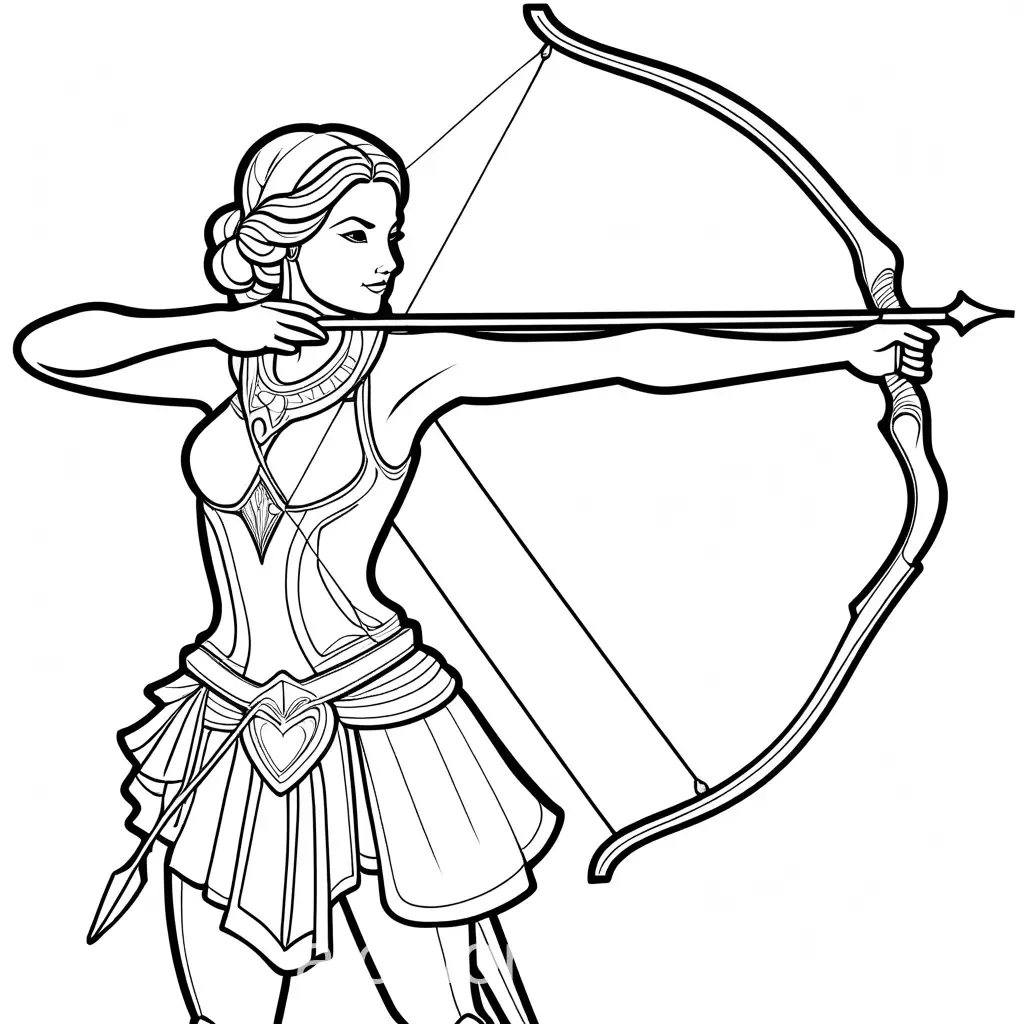 Create a black and white coloring book page featuring a woman holding a bow and arrow. The illustration should be in line art style with a solid white background. No shading, Coloring Page, black and white, line art, white background, Simplicity, Ample White Space. The background of the coloring page is plain white to make it easy for young children to color within the lines. The outlines of all the subjects are easy to distinguish, making it simple for kids to color without too much difficulty