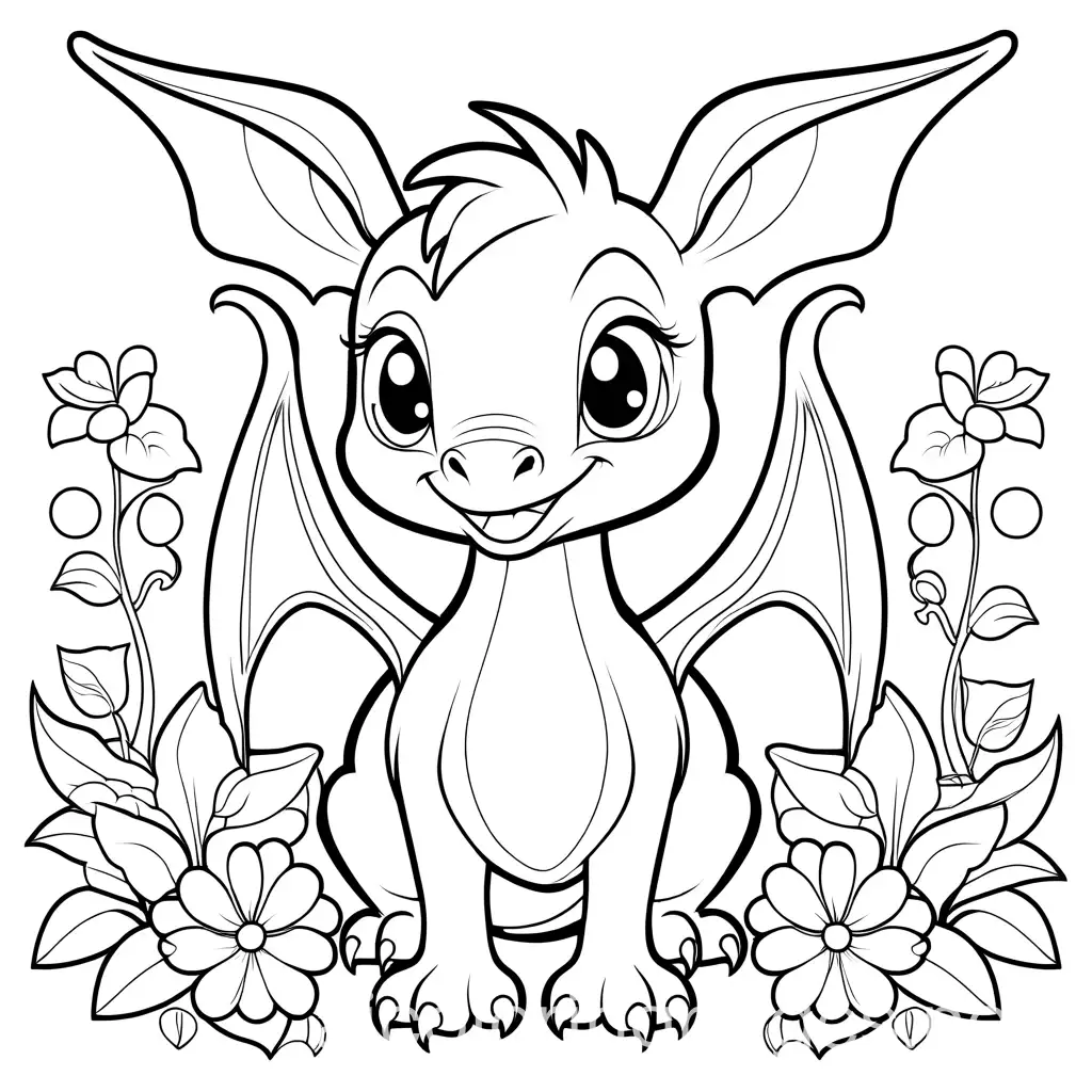 cute dragon with a big nose with flowers coloring page, Coloring Page, black and white, line art, white background, Simplicity, Ample White Space. The background of the coloring page is plain white to make it easy for young children to color within the lines. The outlines of all the subjects are easy to distinguish, making it simple for kids to color without too much difficulty