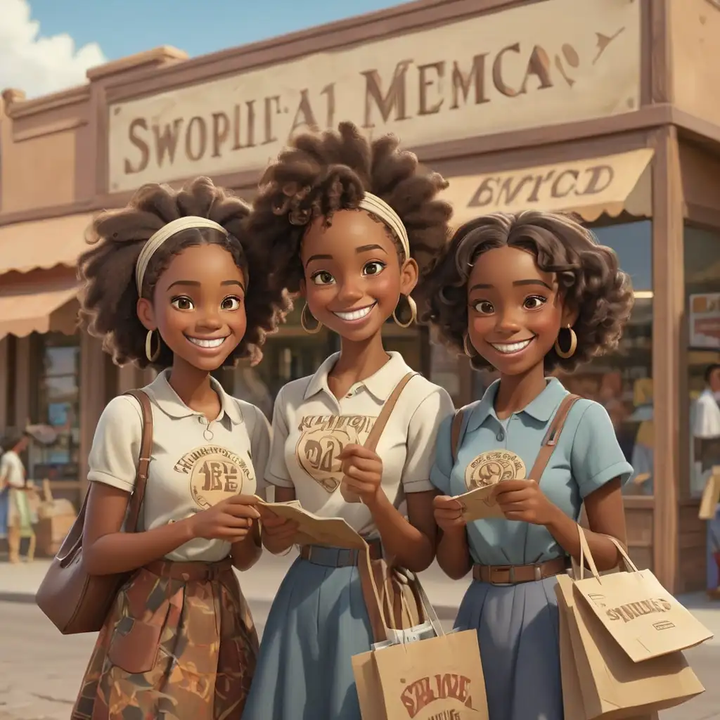 1900s detailed 3D cartoon-style african american teens clothes shopping smiling in new mexico with sign