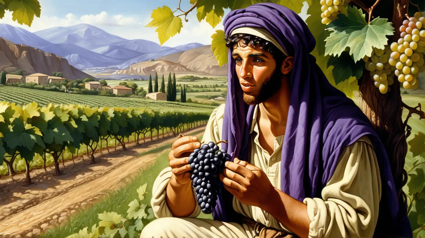epoque biblique, un jeune ouvrier agricole hébreu avec un foulard sur la tête mange une grappe de raisin noir, dans un vignoble, en été, au fond des montagnes bibliques