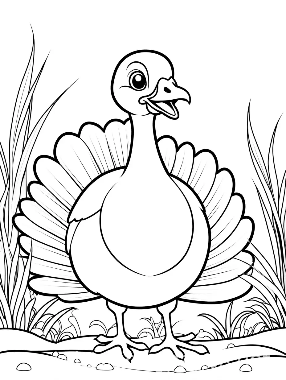 cute baby turkey in the dirt, Coloring Page, black and white, line art, white background, Simplicity, Ample White Space. The background of the coloring page is plain white to make it easy for young children to color within the lines. The outlines of all the subjects are easy to distinguish, making it simple for kids to color without too much difficulty