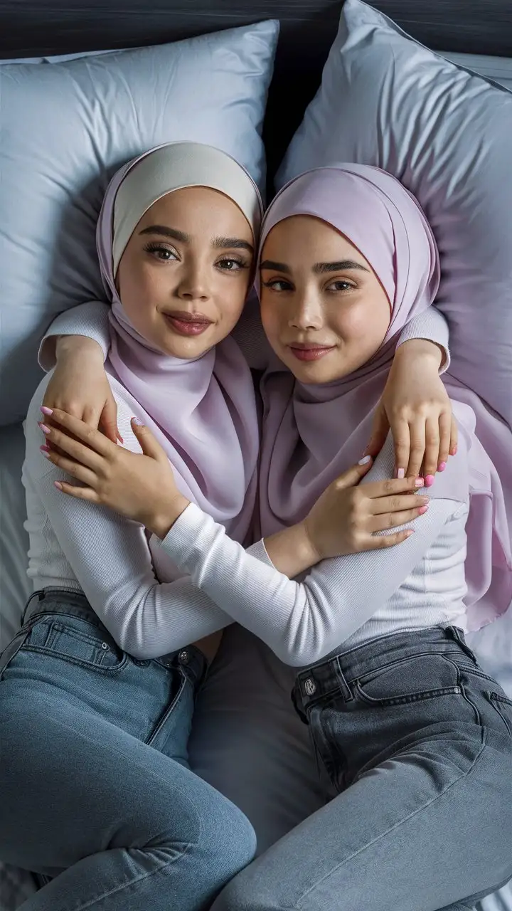 2 little porcelain skin girl.  14 years old. They wear a modern hijab, skinny tight jeans.
They are beautiful. They lie on the bed. well-groomed, turkish, quality face, plump lips. From behind
Bird's eye view, top view, cool face, nail polish. Hugs,