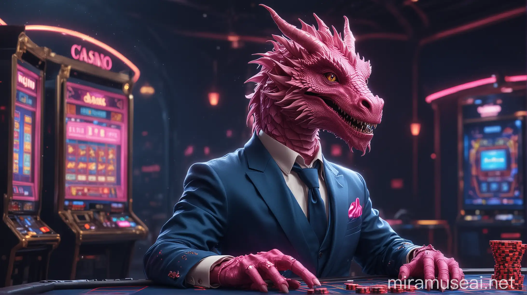a pink aristocrat dragon in a blue business suit in from the future, plays a game in a casino and online casino gambling, playing online casino game "mines", neon cosmic style of casino in space
