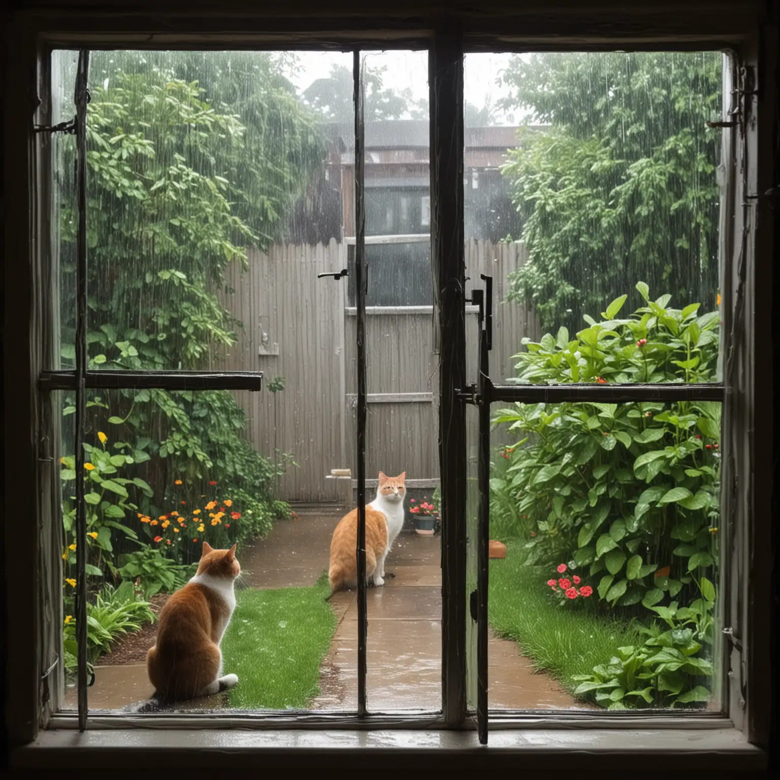 Cats Seeking Shelter from Rain in a Garden Backyard with Sunlight Through Clouds
