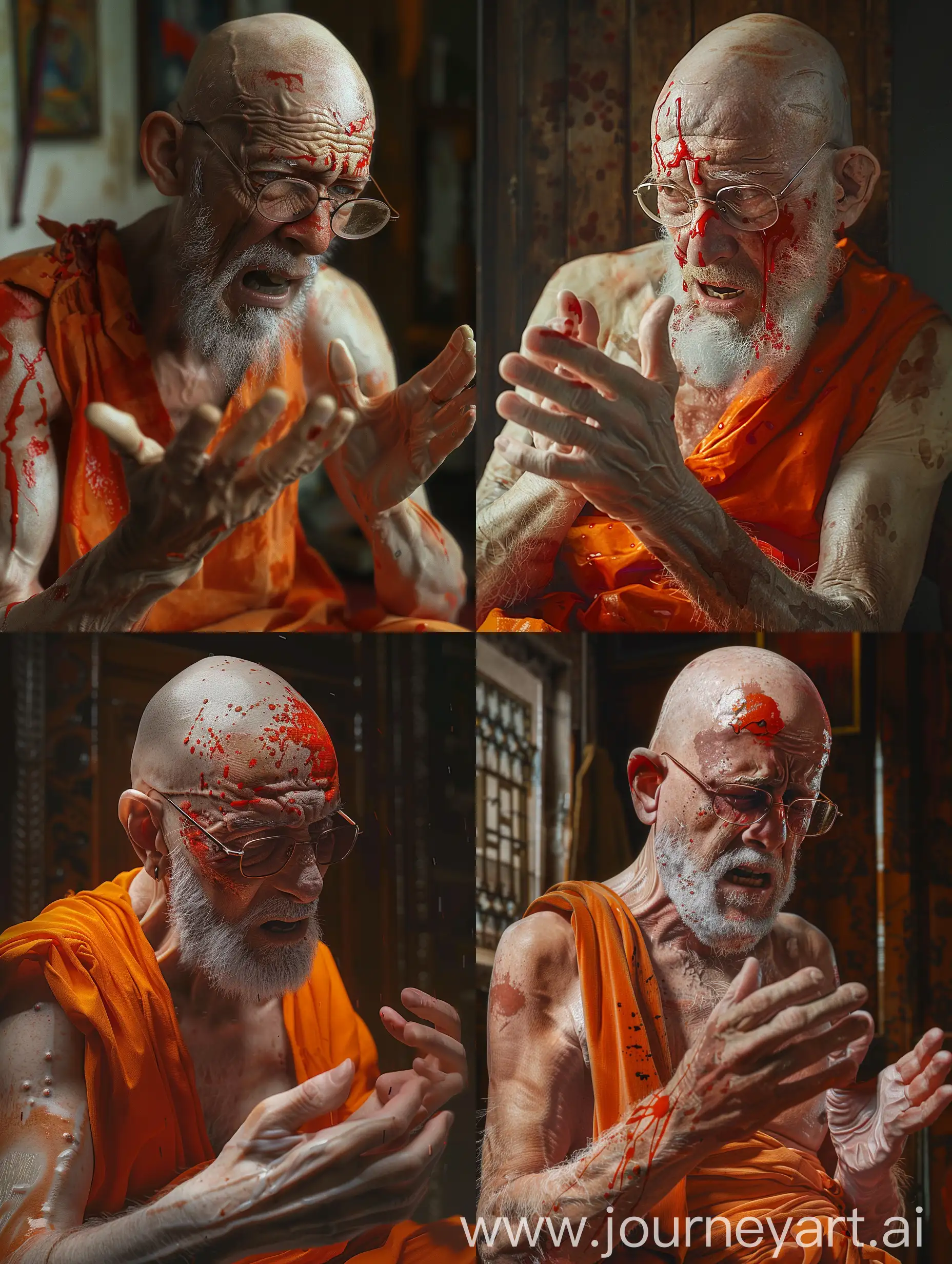 Hyperrealistic image of a bald man, short white beard, glasses, South American in his 60s and shabby orange dress seen as if talking while crying, red paint splashed on his face and hands, indoors, intricate details, high resolution, close-up image flat