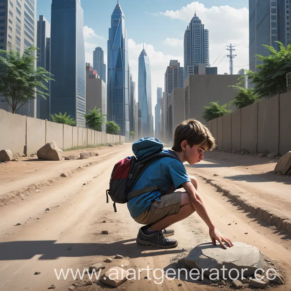Мальчик присел на корточки среди просёлочной дороги рассматривает камень, рядом с ним рюкзак, вдали виднеется город, высотки.