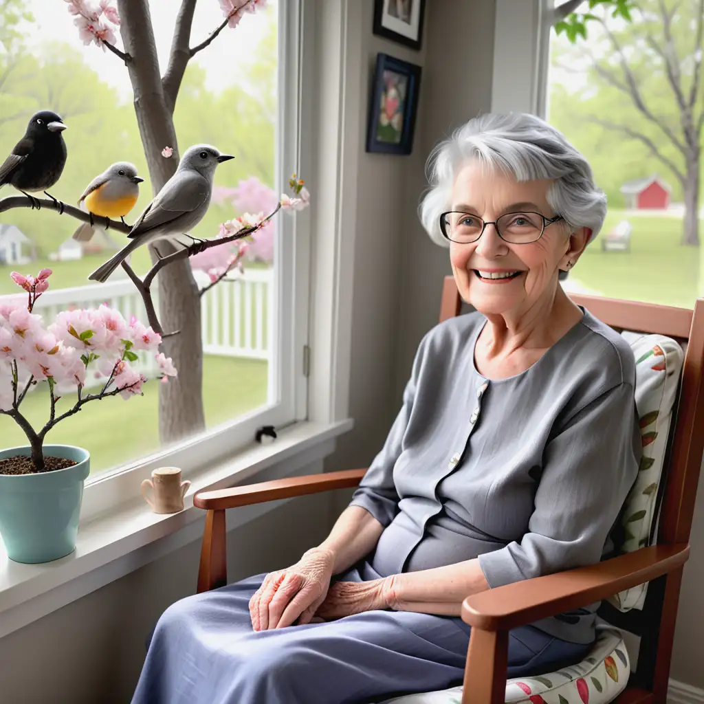 Elderly lady with short gray hair, sitting in a chair looking out the window. She is dressed up and is smiling. Outside the window is a bird feeder and a tree that is flowering.  There is a twin bed in the background and with a wall of pictures her grandkids made for her.