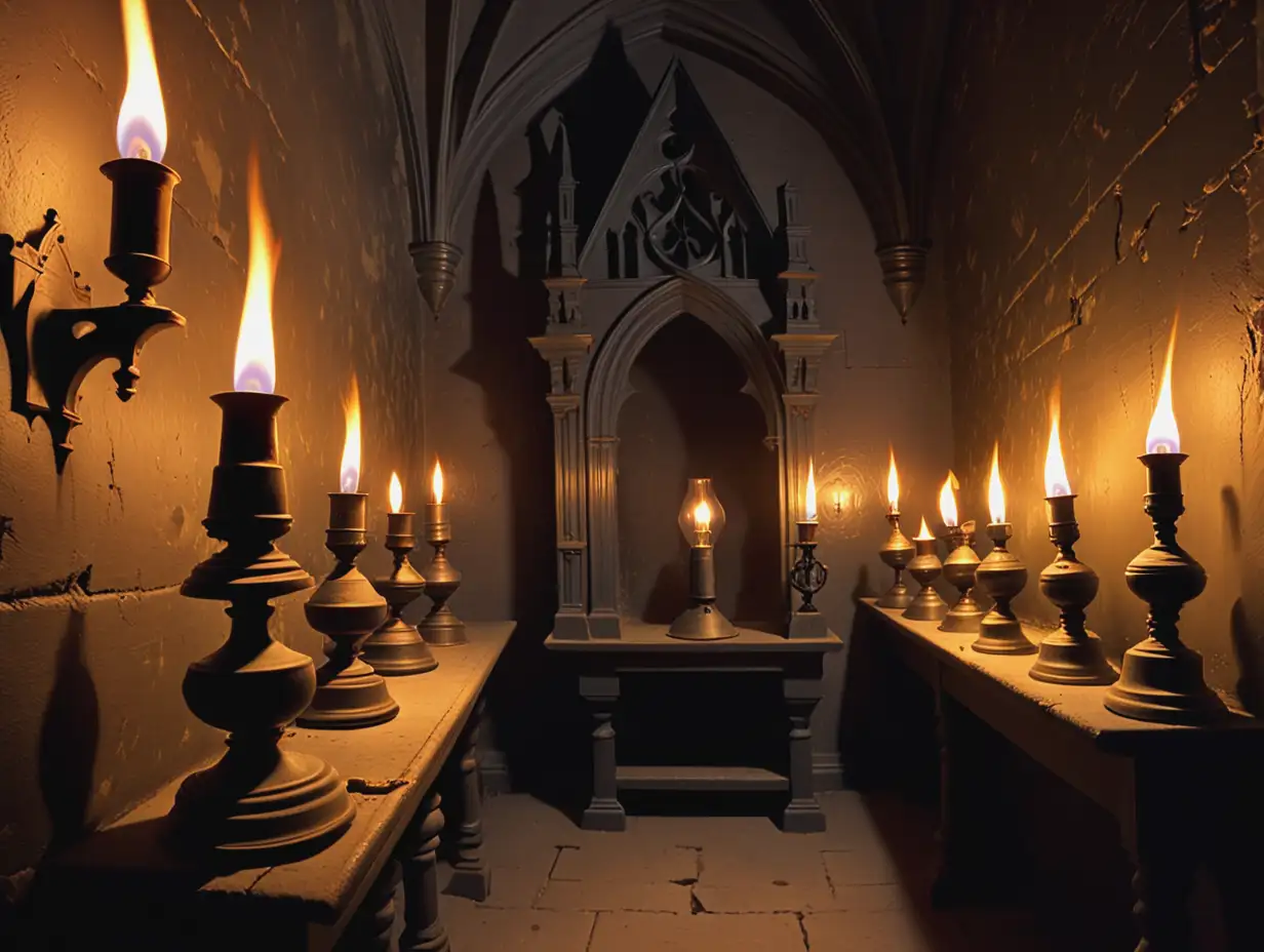 oil lamps burning on the walls of a gothic room in the 1800s.