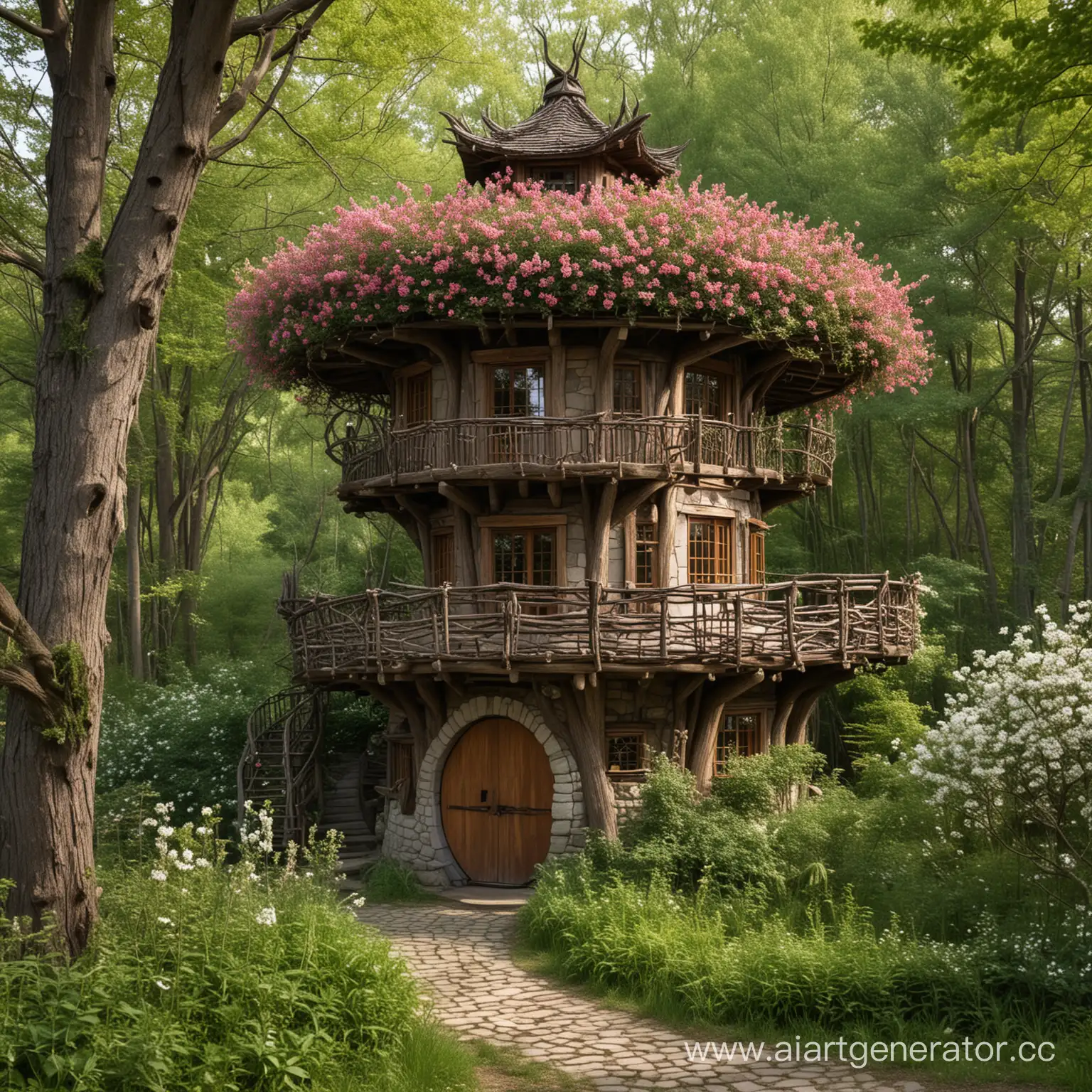 Деревянный трехэтажный круглый дом сплетенный из цветущих веток стоит в лесу. Рядом с домом сидит дракон