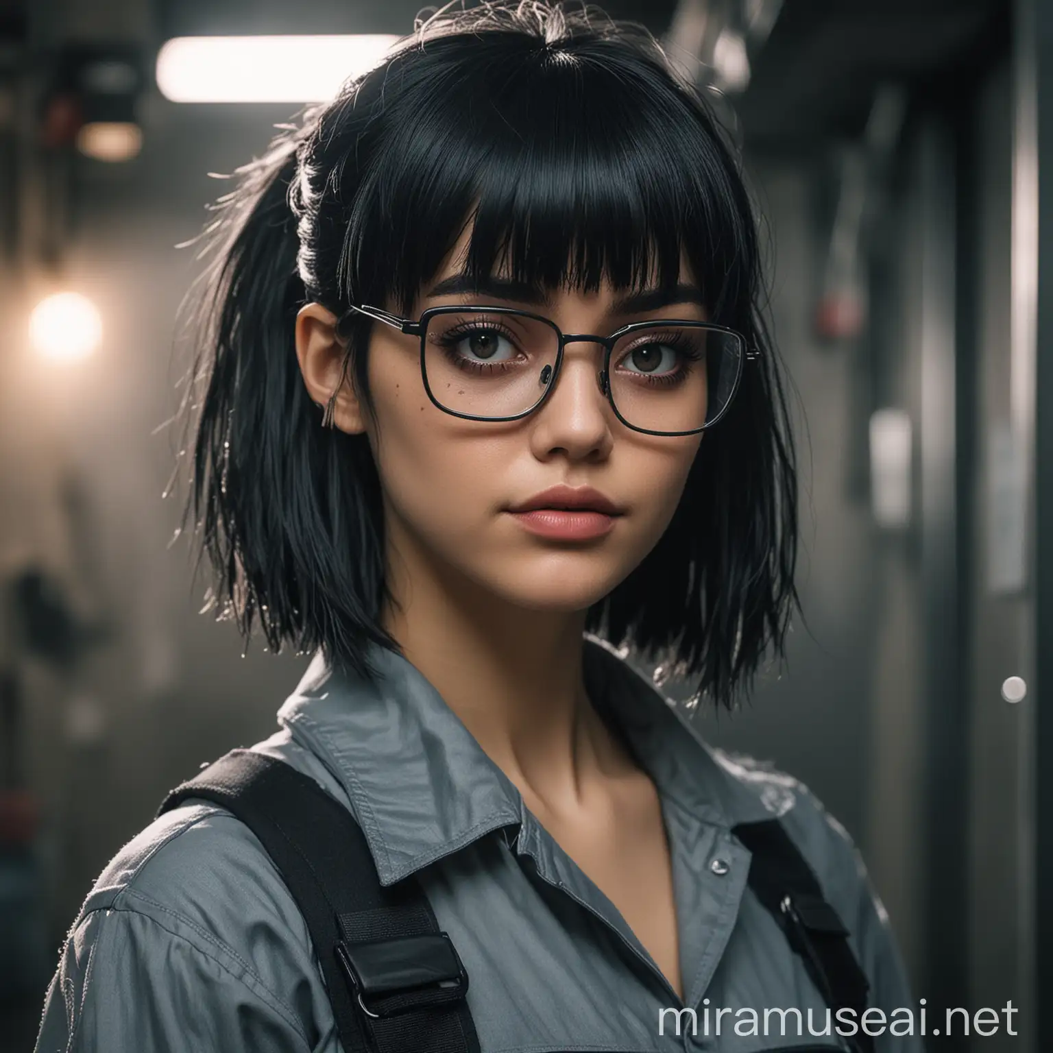Cyberpunk Janitor Woman with Black Bobbed Hair and Eyeglasses