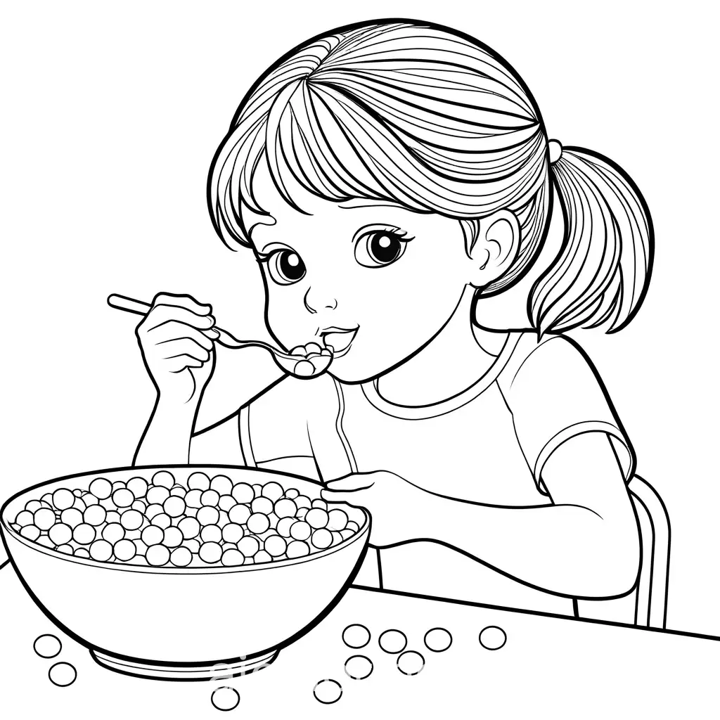 Little girl eating cereal, Coloring Page, black and white, line art, white background, Simplicity, Ample White Space. The background of the coloring page is plain white to make it easy for young children to color within the lines. The outlines of all the subjects are easy to distinguish, making it simple for kids to color without too much difficulty