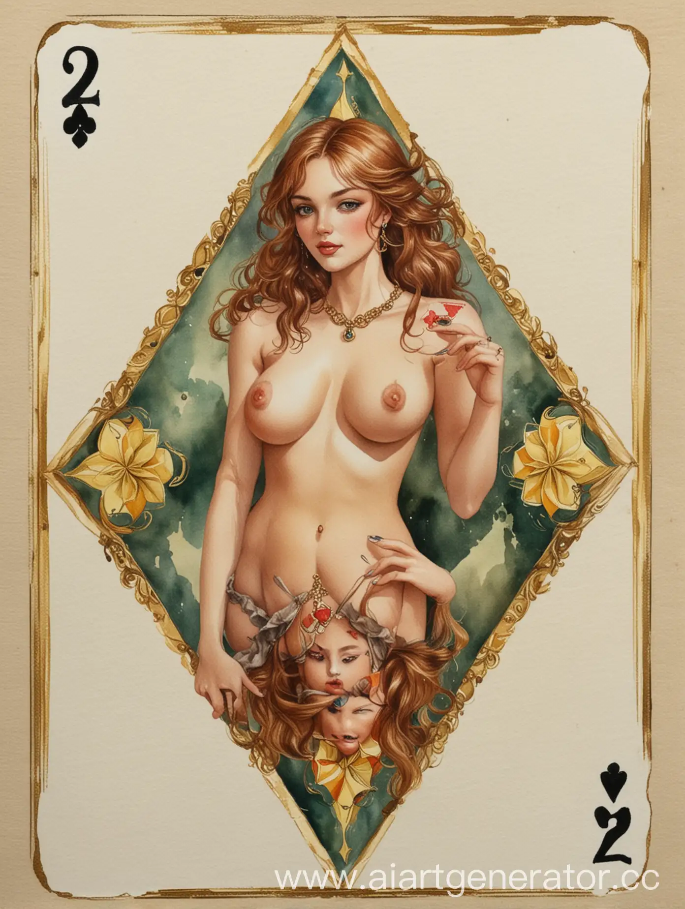 Watercolor-Erotic-Playing-Card-Two-of-Diamonds-with-Buxom-Beauty