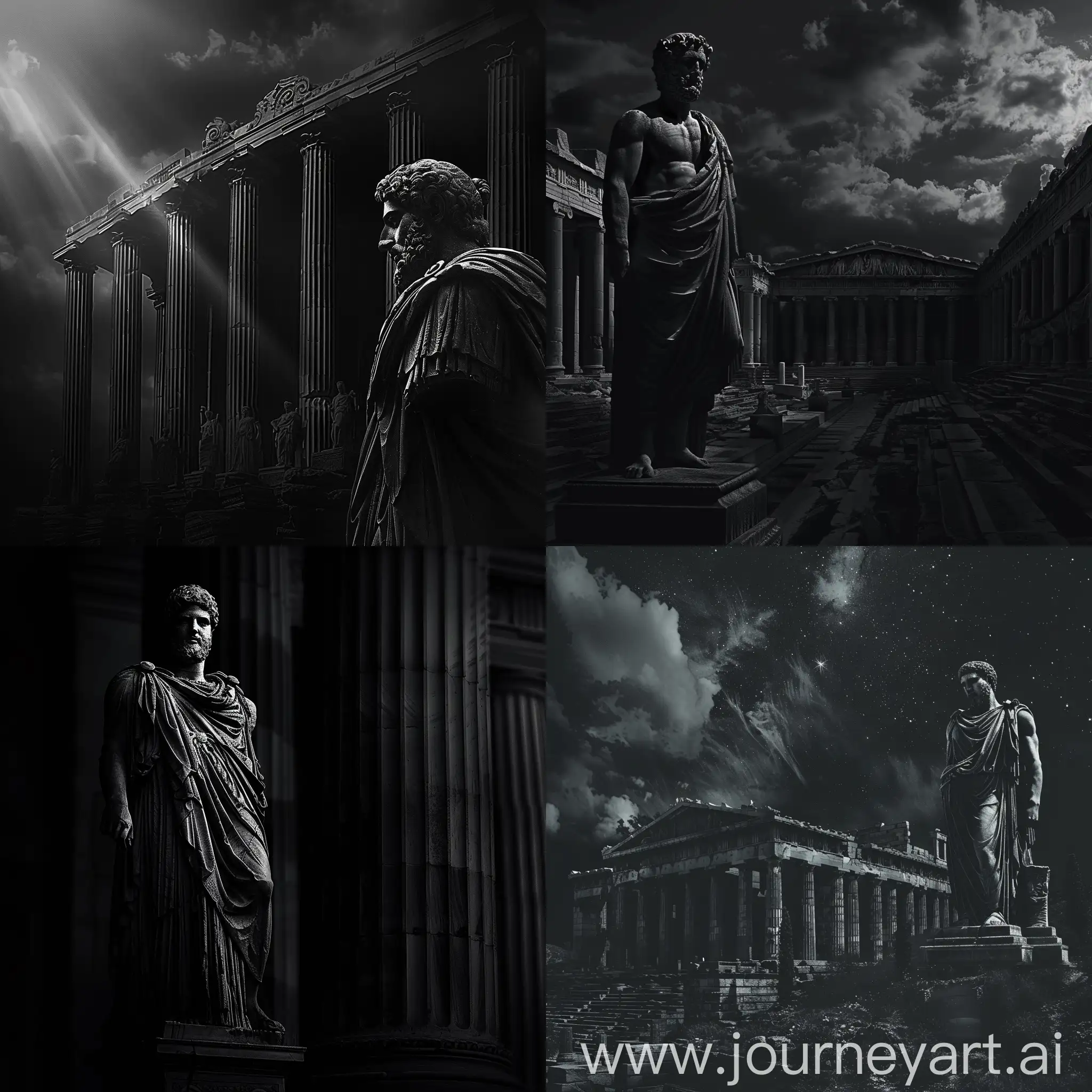 "A dark landscape image of an ancient greek society deeply connected to stoicism, black and white, ancient greek architecture, include one single big statue of a stereotypical strong greek man, marcus aurelius
