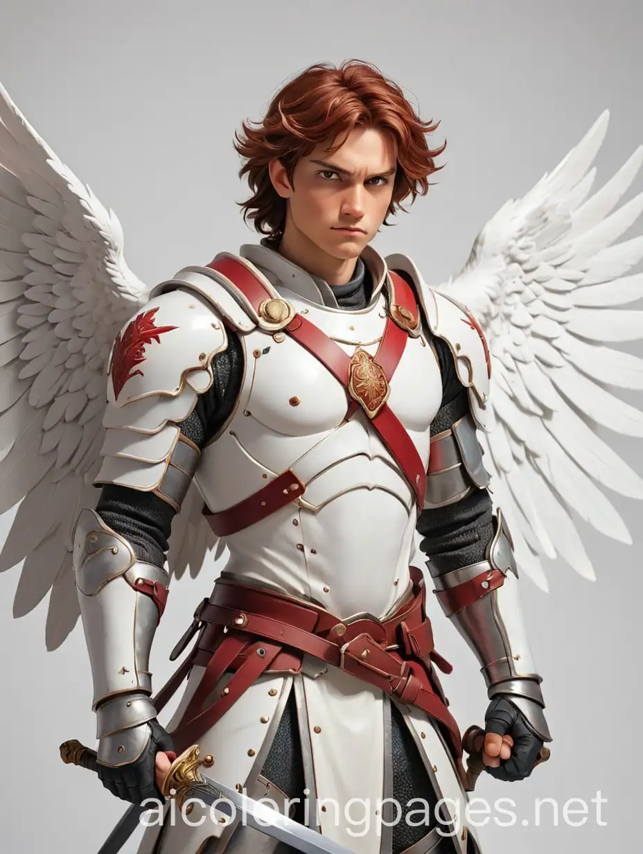 Red and white injured male angel with a long sword in plate armor, Coloring Page, black and white, line art, white background, Simplicity, Ample White Space. The background of the coloring page is plain white to make it easy for young children to color within the lines. The outlines of all the subjects are easy to distinguish, making it simple for kids to color without too much difficulty