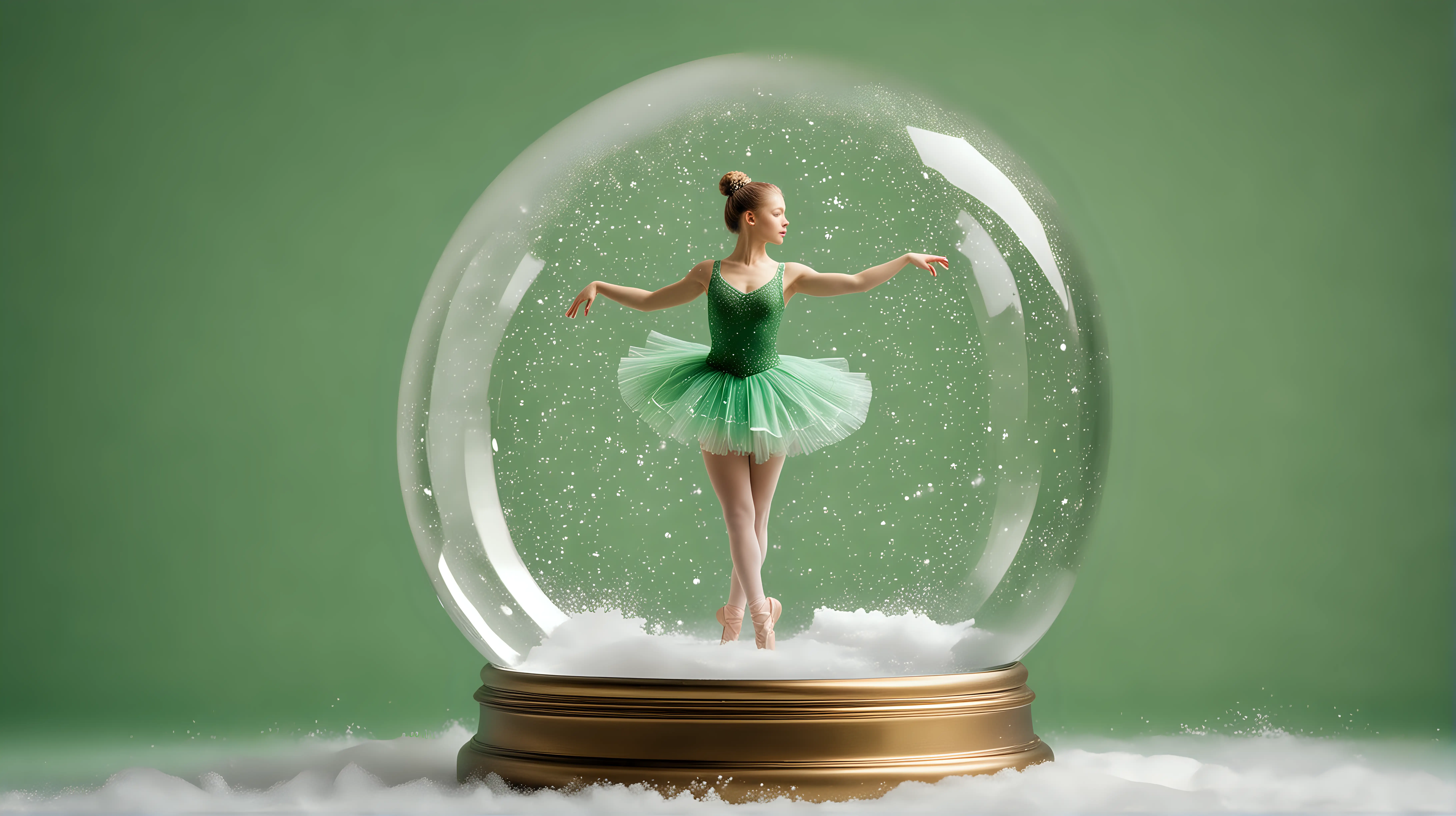 une danseuse classique en tutu dans une boule de neige en verre . arrière plan de couleur verte uniforme
