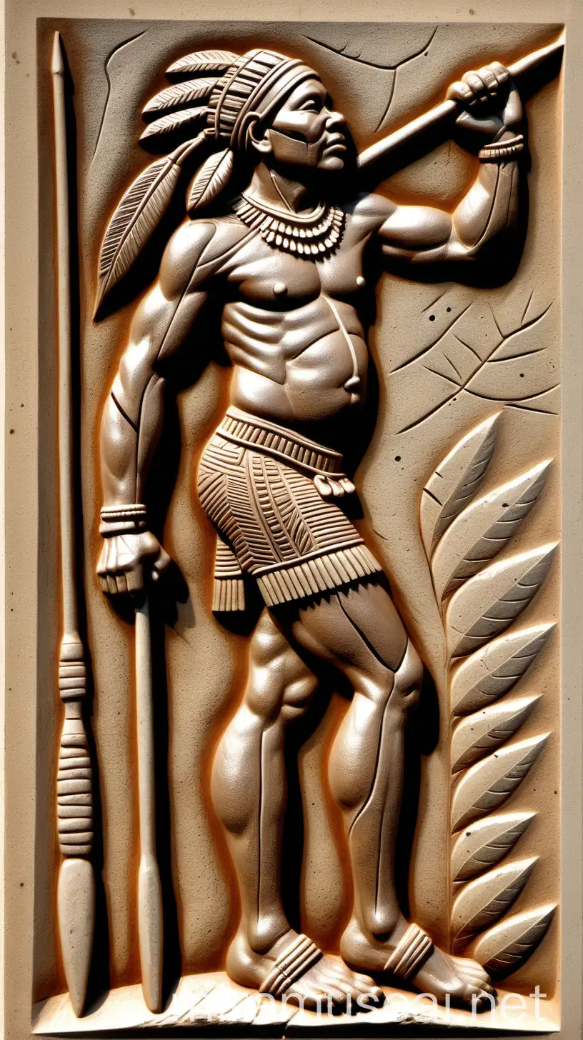 Native Australian Aboriginal in Traditional Pose with Spear BasRelief Embossed Image
