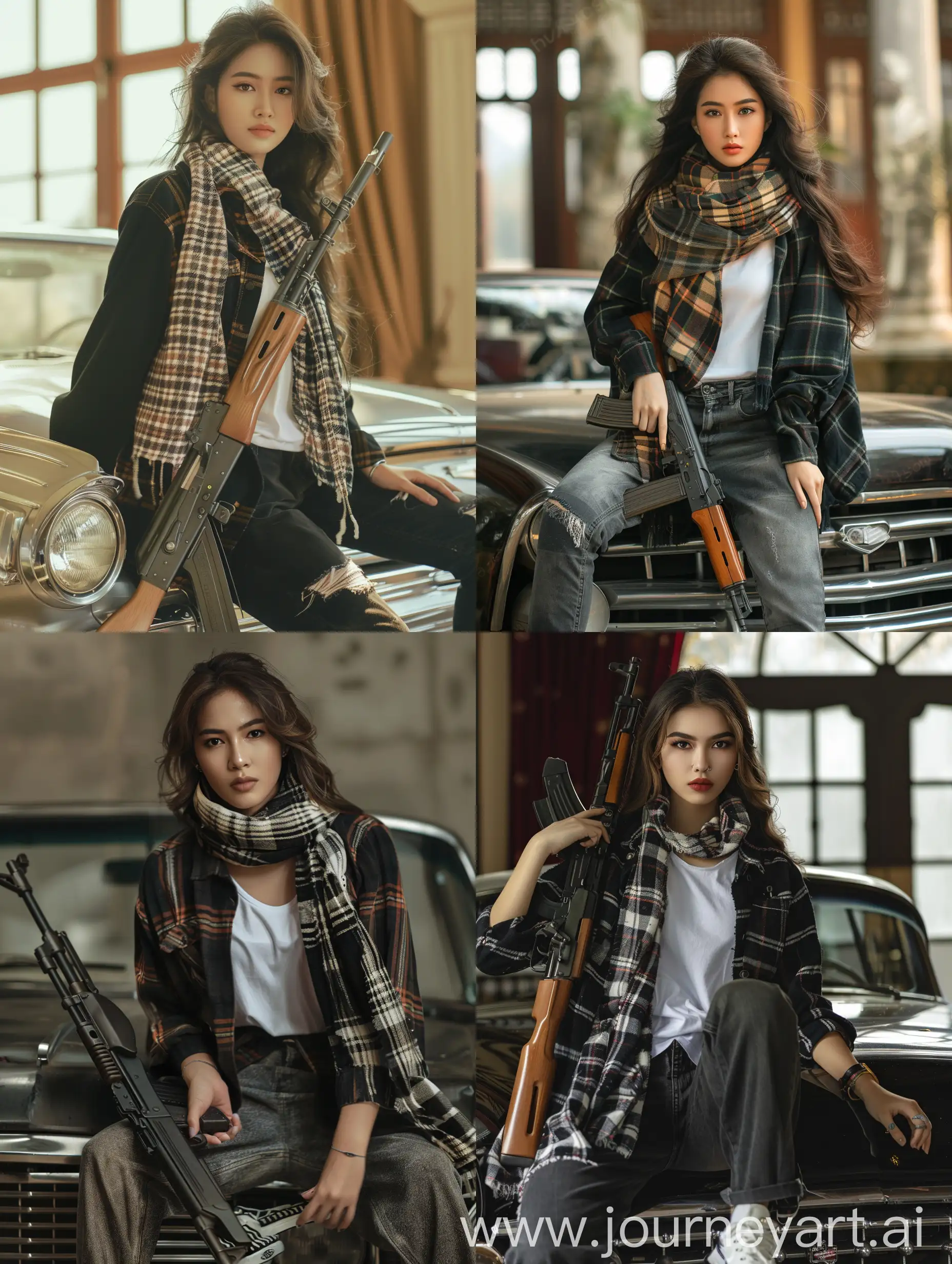 Young-Thai-Woman-Poses-with-AK47-on-Classic-Car
