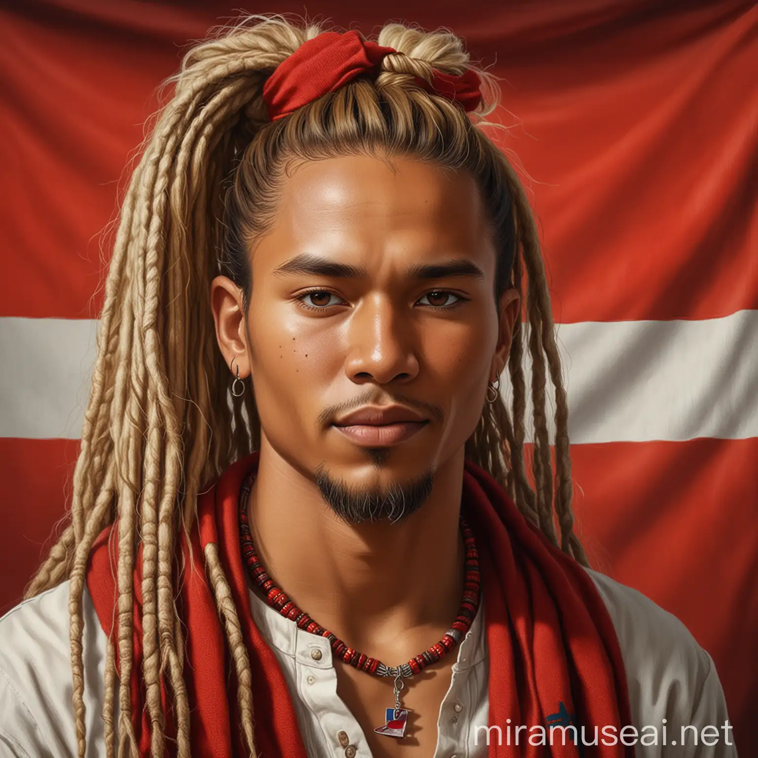 This beautiful oil painting shows an Indonesian man with long, blonde dreadlocks tied in a neat bun.  clean and handsome face, brown skin color.  She wore red knitwear and a beautiful necklace made from natural materials.  The background of the Indonesian flag is red and white.  beautiful and realistic masterpiece.