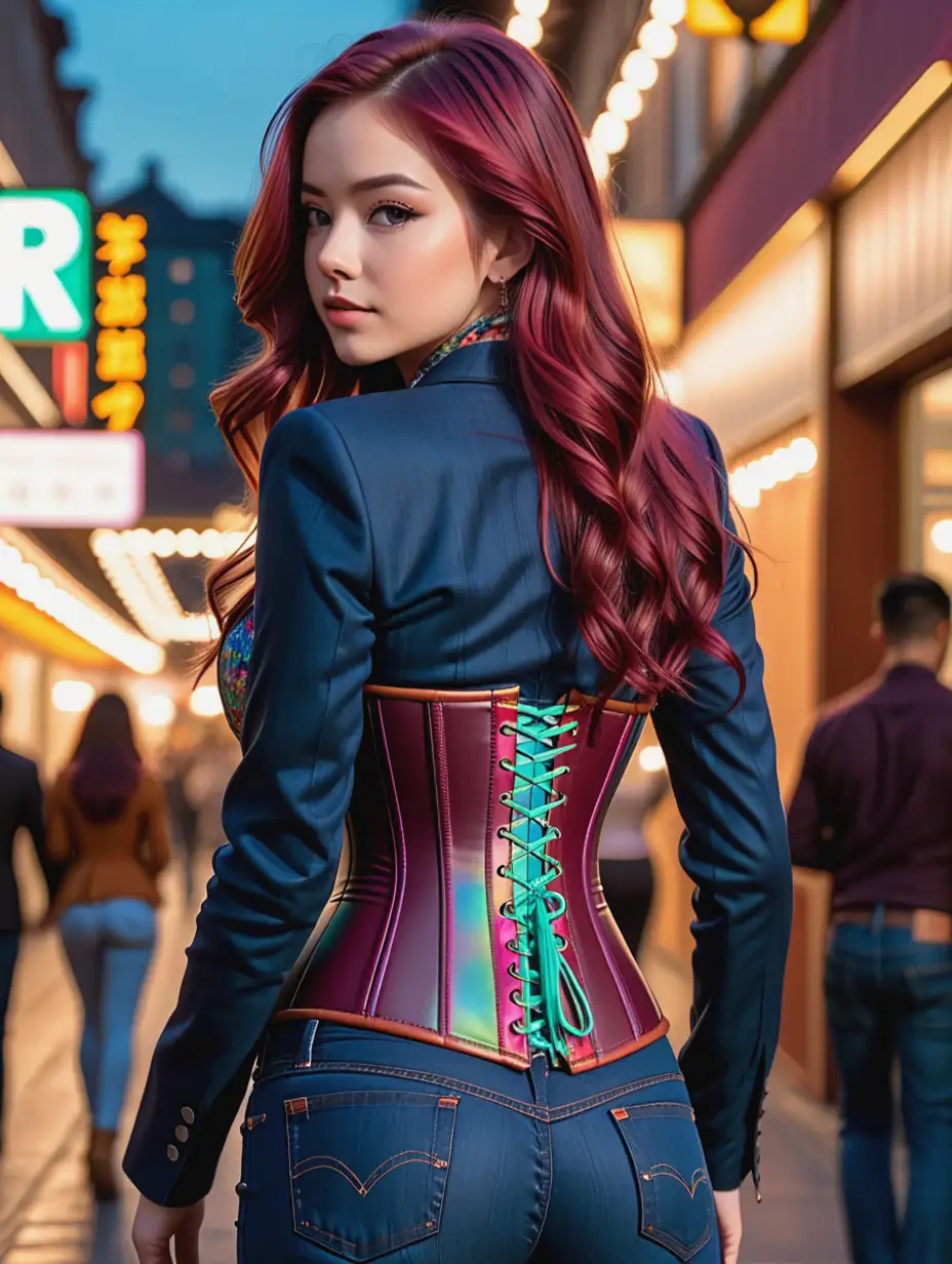 ((long body shot)), ((rear view perspective)), create a realistic 3d image of 20 year old woman with long multicolored hair, she is wearing fitted dark blue Levi's jeans and a ((multicolored corset)),  maroon blazer, her hands are on her waist,((perfect female body, narrow waist, wide hips)), 8k uhd, dslr, soft lighting, high quality, film grain, Fujifilm XT3, Ultra-detail, Real, Photorealistic, High-definition face drawing, RAW photo