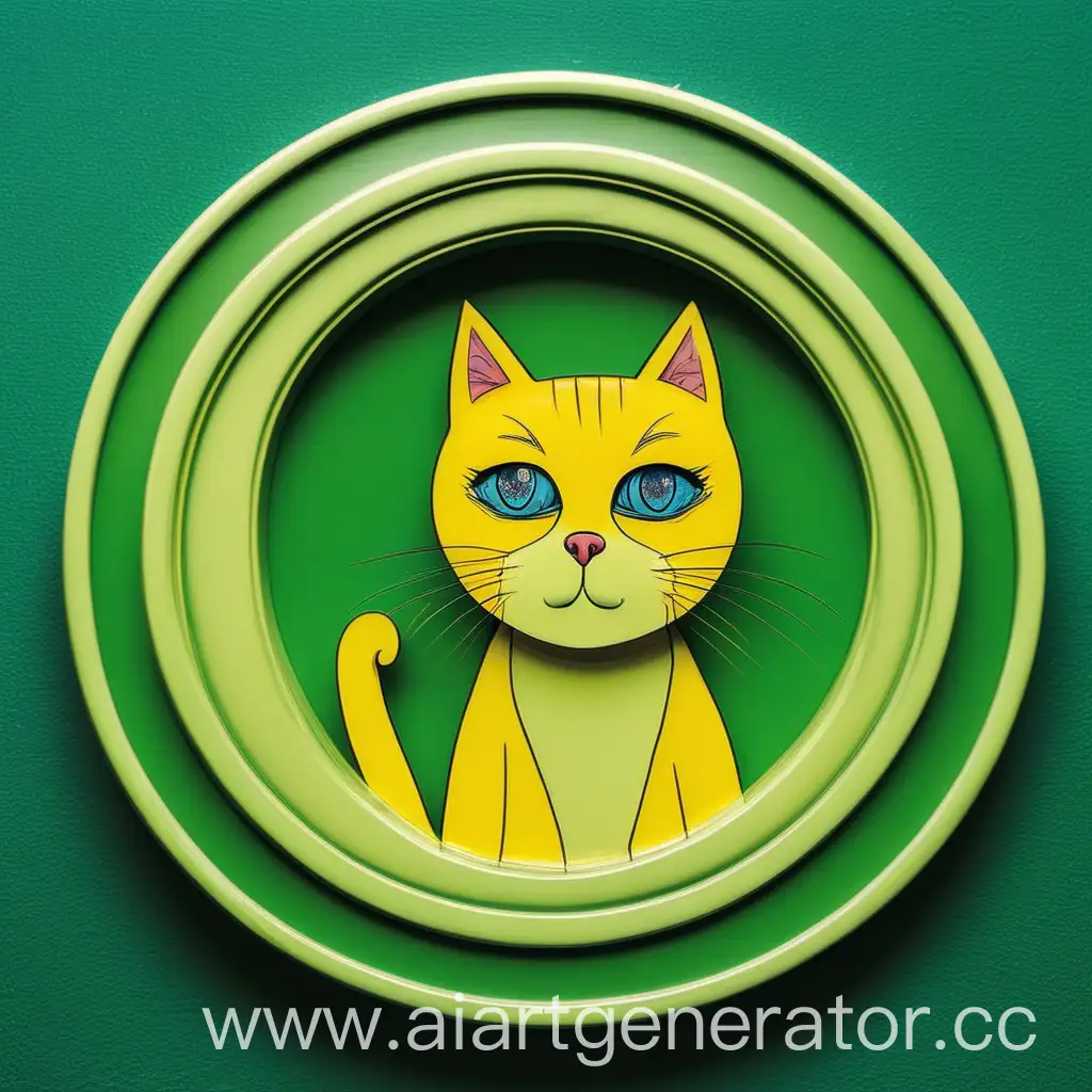 внутри синего овала желтый кот на зеленом фоне
