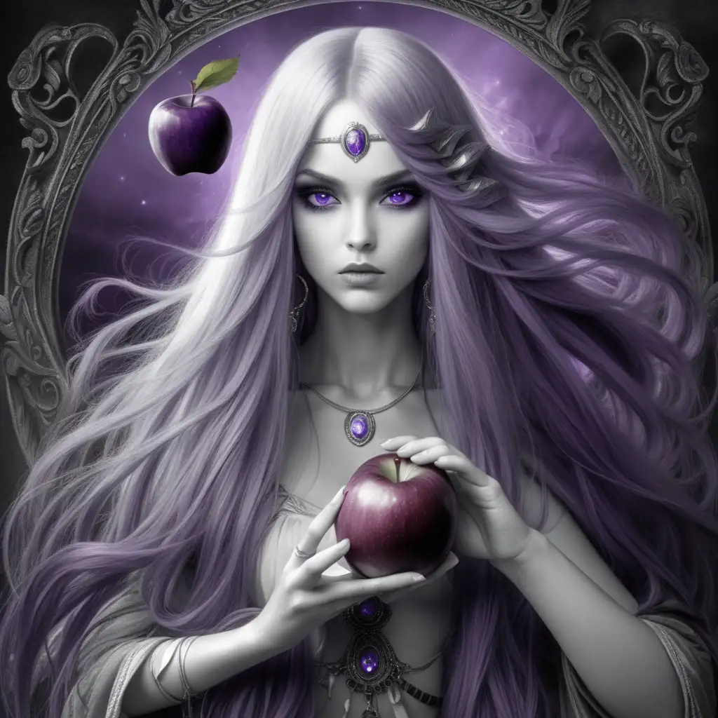 mystical fantasy image of a female holding an apple she has purple long hair and purple eyes  black and white