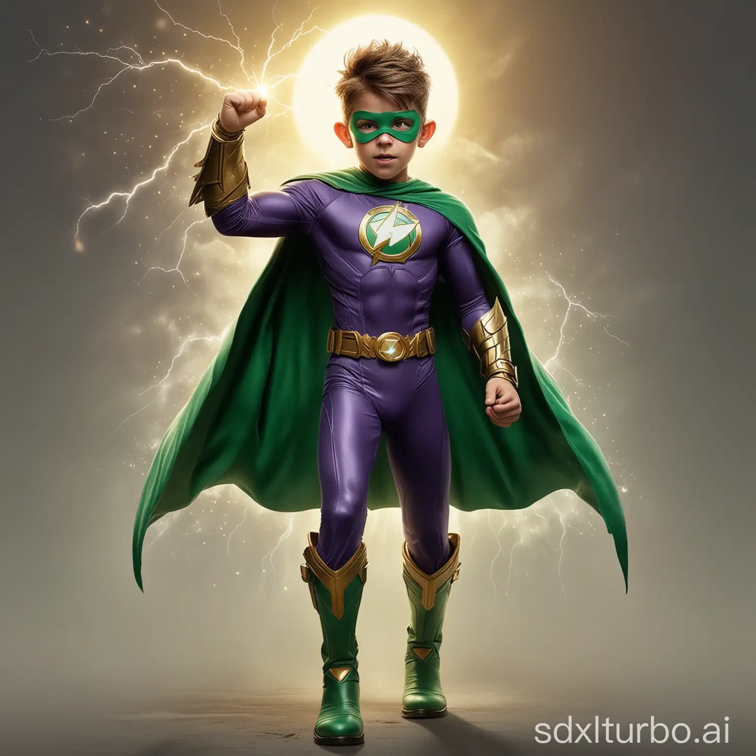 A little 12-year old boy named Connor Bardley, but after he made a wish on a magical shooting star, and now finds himself transformed into a superhero with an extremely muscular body, a sleek purple suit, green boots, green long-cuffed gloves, green briefs, a gold belt, a big green cape, and a green eye mask. His hair is now flat and smooth, with a singular curled bang sticking out at the front in the shape of a P. He has a symbol on his chest, a green hollow circle on top of a yellow whole circle, with a cyan lightning bolt on top of them, and on top of all three is a green P. He also finds himself with incredible superpowers flowing through his veins. Thus, Connor Bardley has now become... Powerboy. He is currently standing in his bedroom at night, his transformation complete, and is now ready for action.