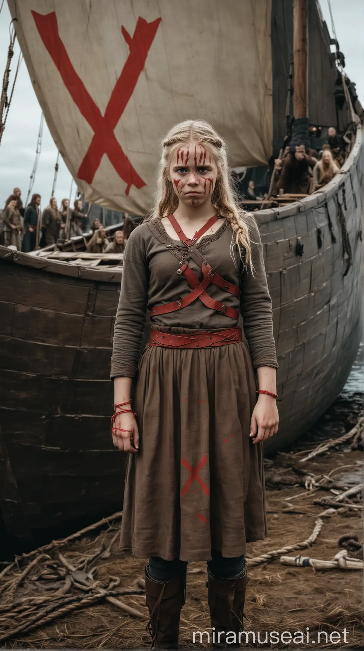 A Viking slave girl standing in front of a Viking ship, with a sad expression and a red "X" marked through it. .hyper realistic