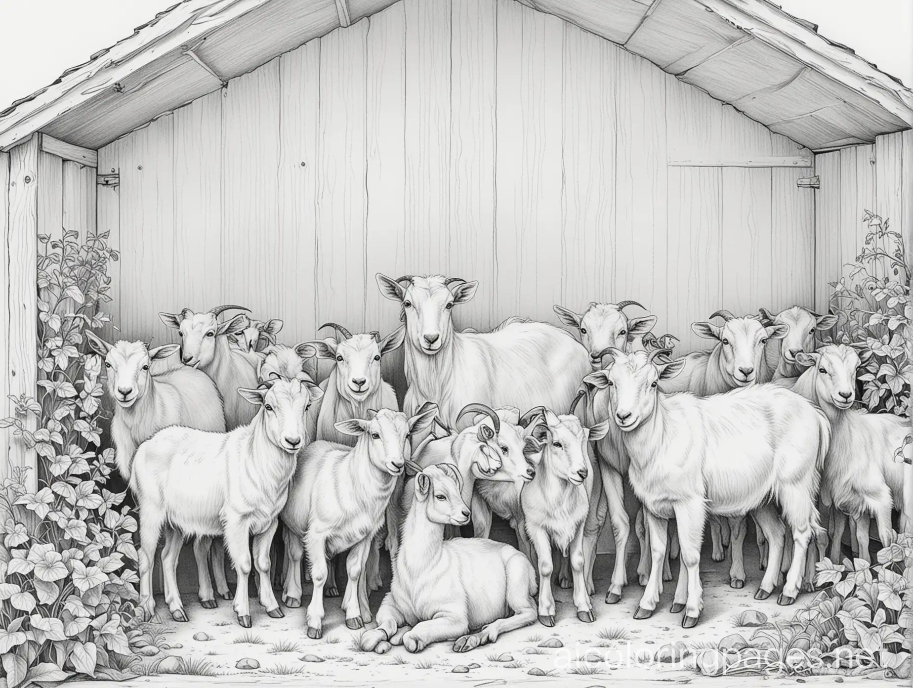 goats in their shed on one plan Coloring Page, black and white, line art, white background, Simplicity, Ample White Space. The background of the coloring page is plain white to make it easy for young children to color within the lines. The outlines of all the subjects are easy to distinguish, making it simple for kids to color without too much difficulty, Coloring Page, black and white, line art, white background, Simplicity, Ample White Space. The background of the coloring page is plain white to make it easy for young children to color within the lines. The outlines of all the subjects are easy to distinguish, making it simple for kids to color without too much difficulty