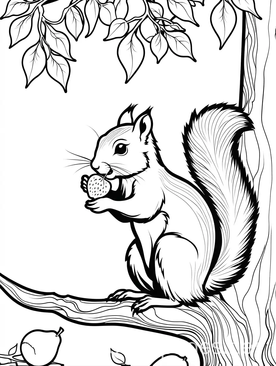 Squirrel eating fruit in tree simple colouring page for kids, Coloring Page, black and white, line art, white background, Simplicity, Ample White Space. The background of the coloring page is plain white to make it easy for young children to color within the lines. The outlines of all the subjects are easy to distinguish, making it simple for kids to color without too much difficulty
