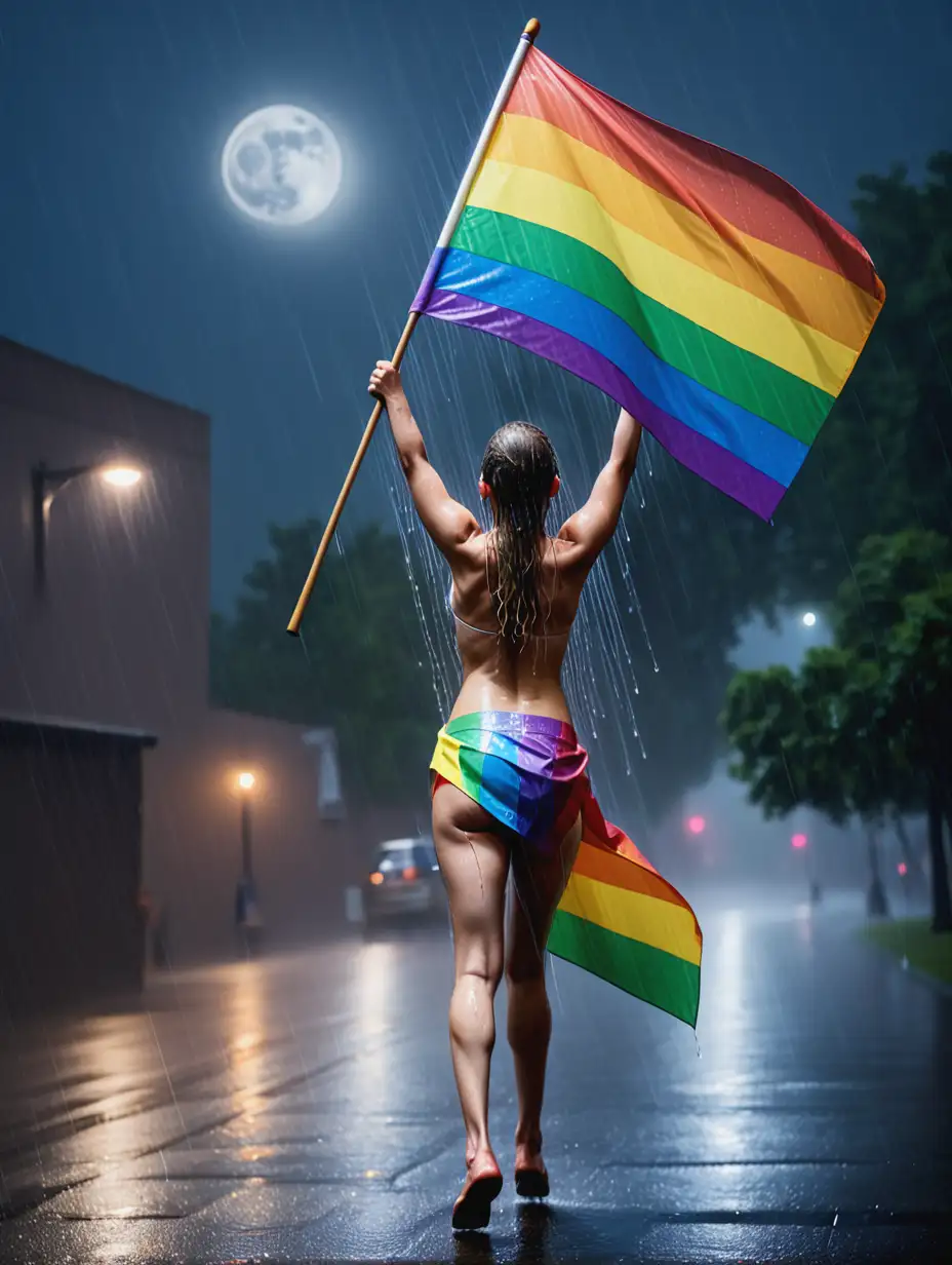 Dancing lesbian carrying rainbow flag in pouring rain.  Night with blue moon.