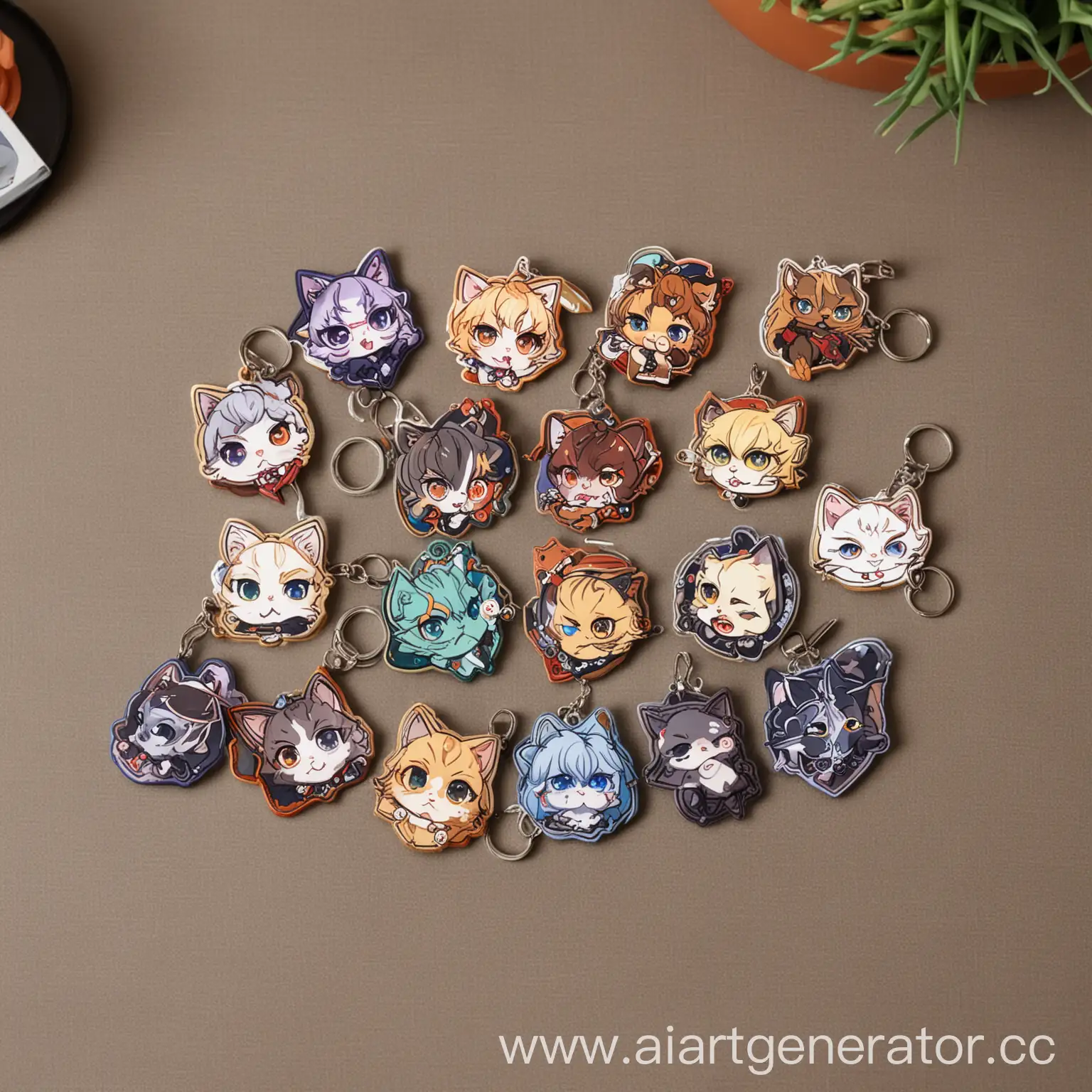Tabletop-Collection-of-Keychains-Genshin-Impact-Badges-and-Anime-Stickers