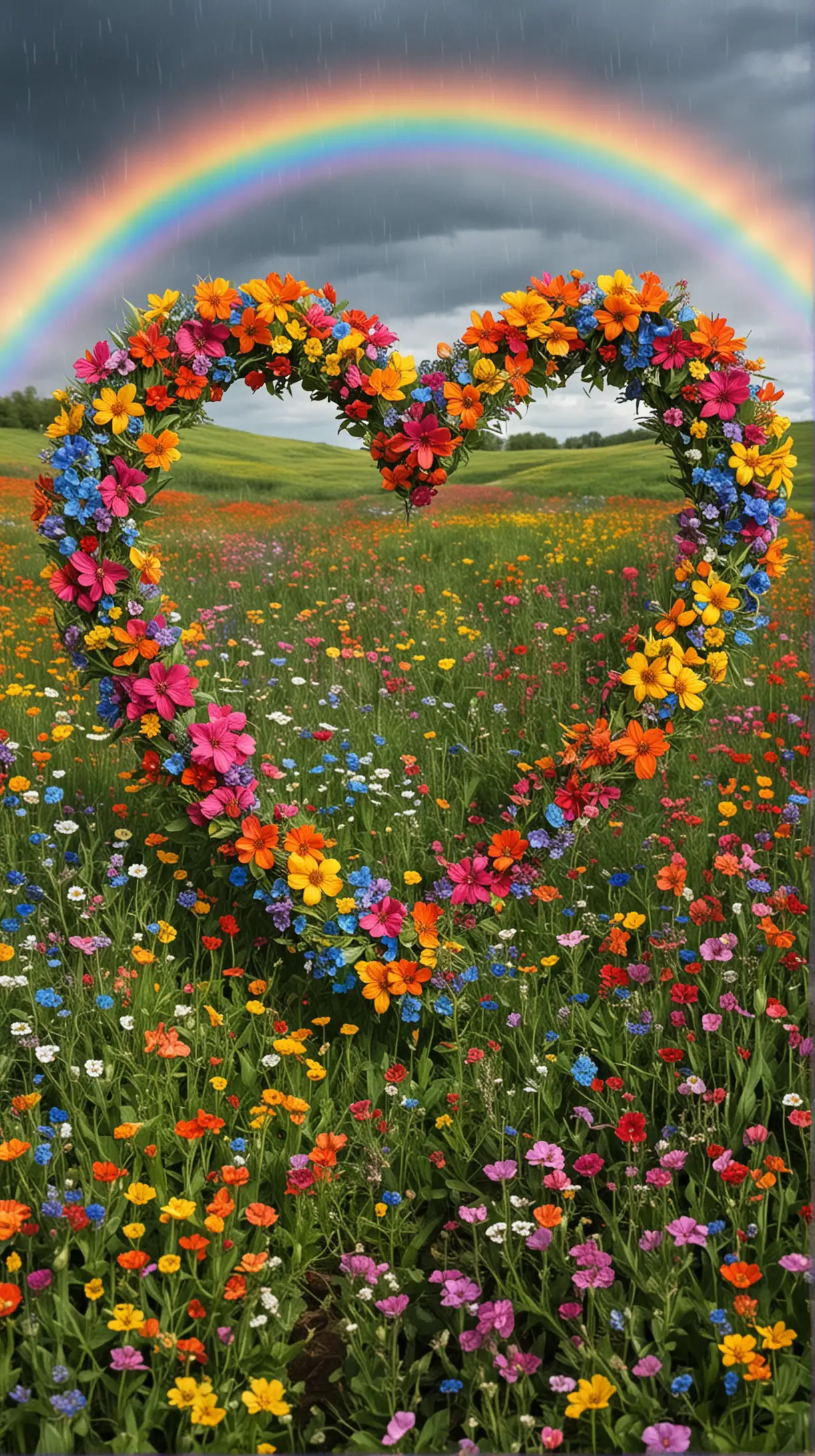 Rainbow Wildflower Heart Wreath in Magical Oil Pastel Style