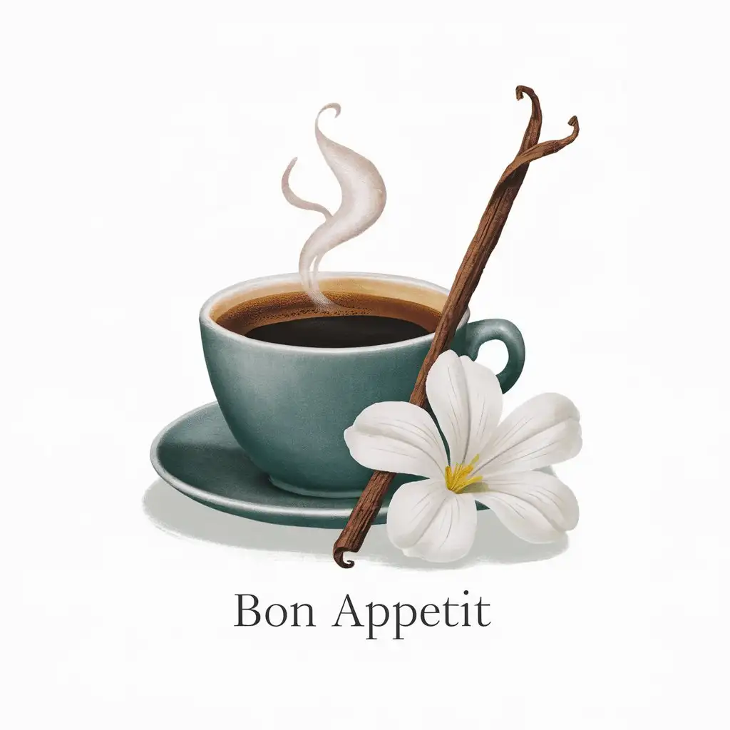 sticker on a white background, coffee, next to a stick of vanilla and a white flower, at the bottom the text "bon appetit".
