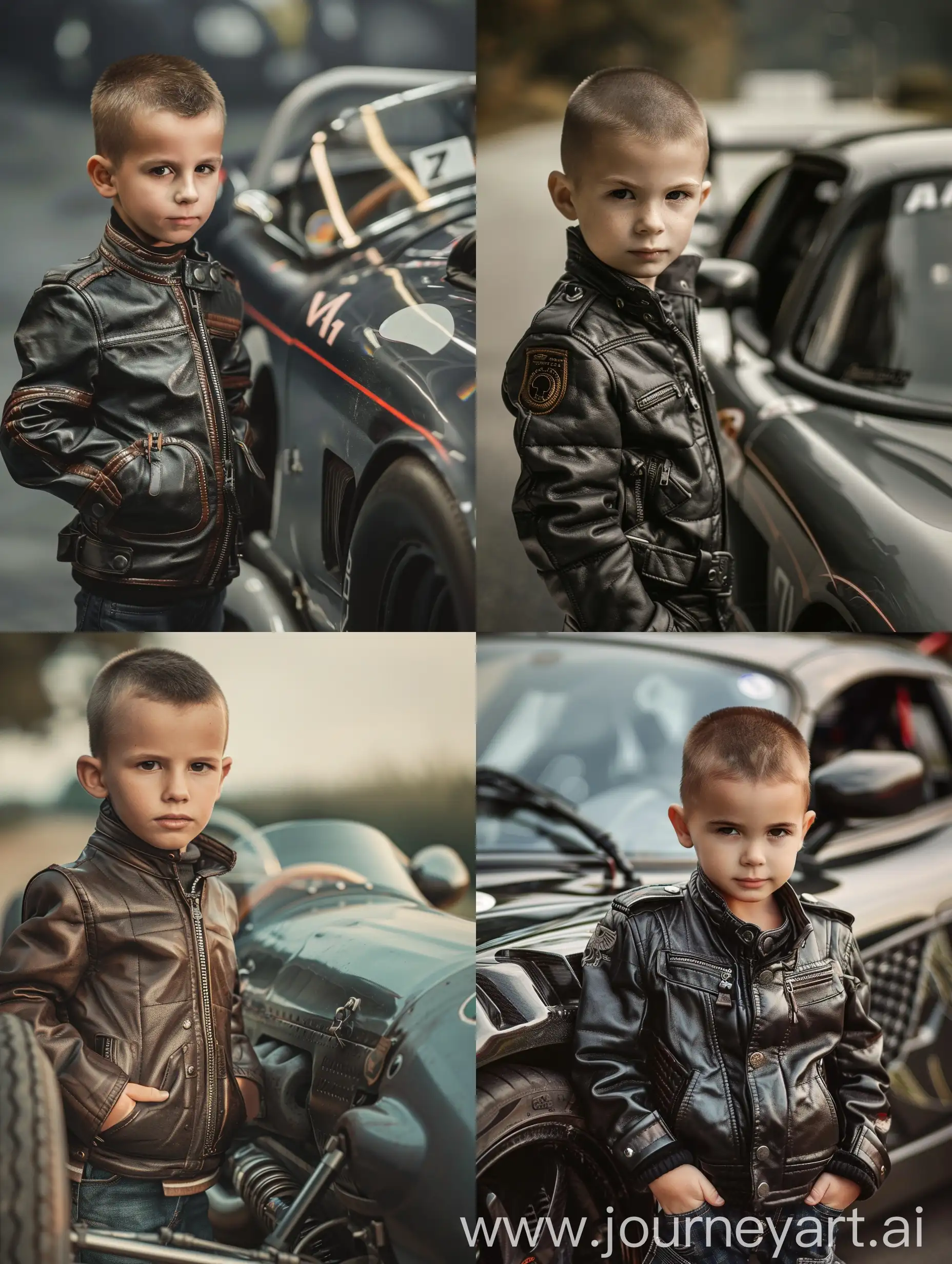 A little boy with short hair, dressed in a leather jacket, seven years old, hands in pockets, standing next to a coolly tuned racing car,realistic photo, hyperrealism, face clearly visible, looking at the camera, view from afar