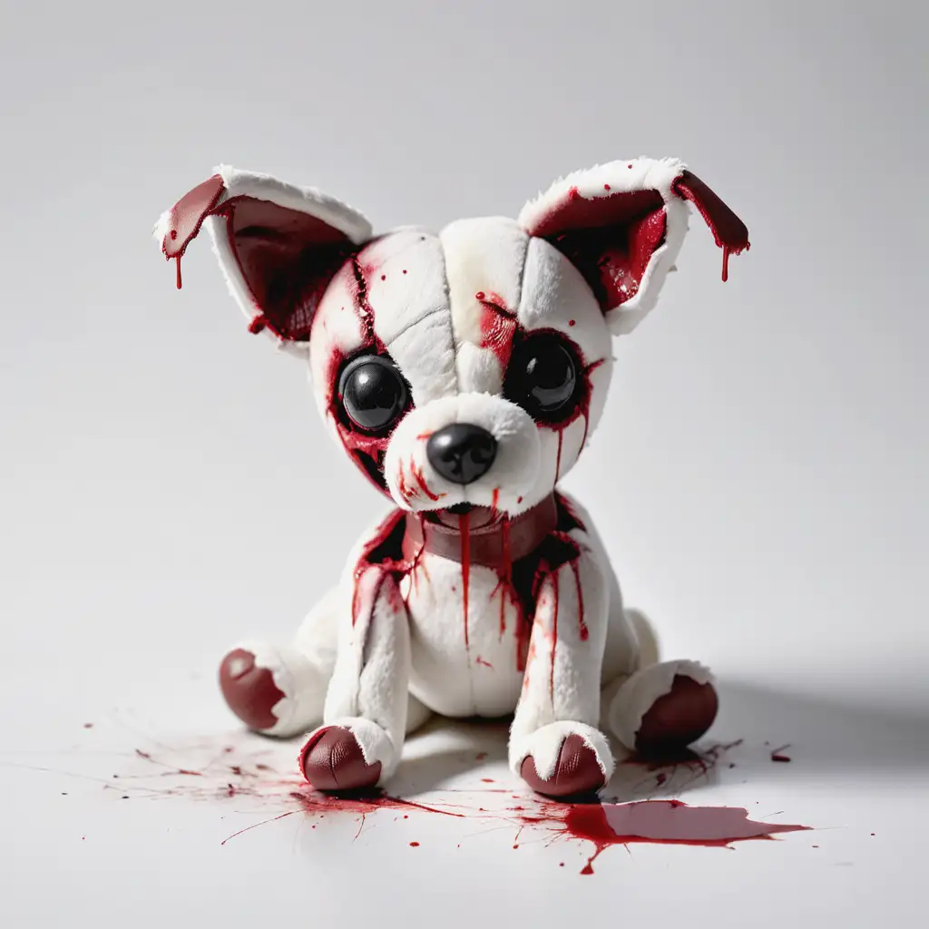 white stuffed animal in the shape of a small dog, very damaged, torn and stained with blood