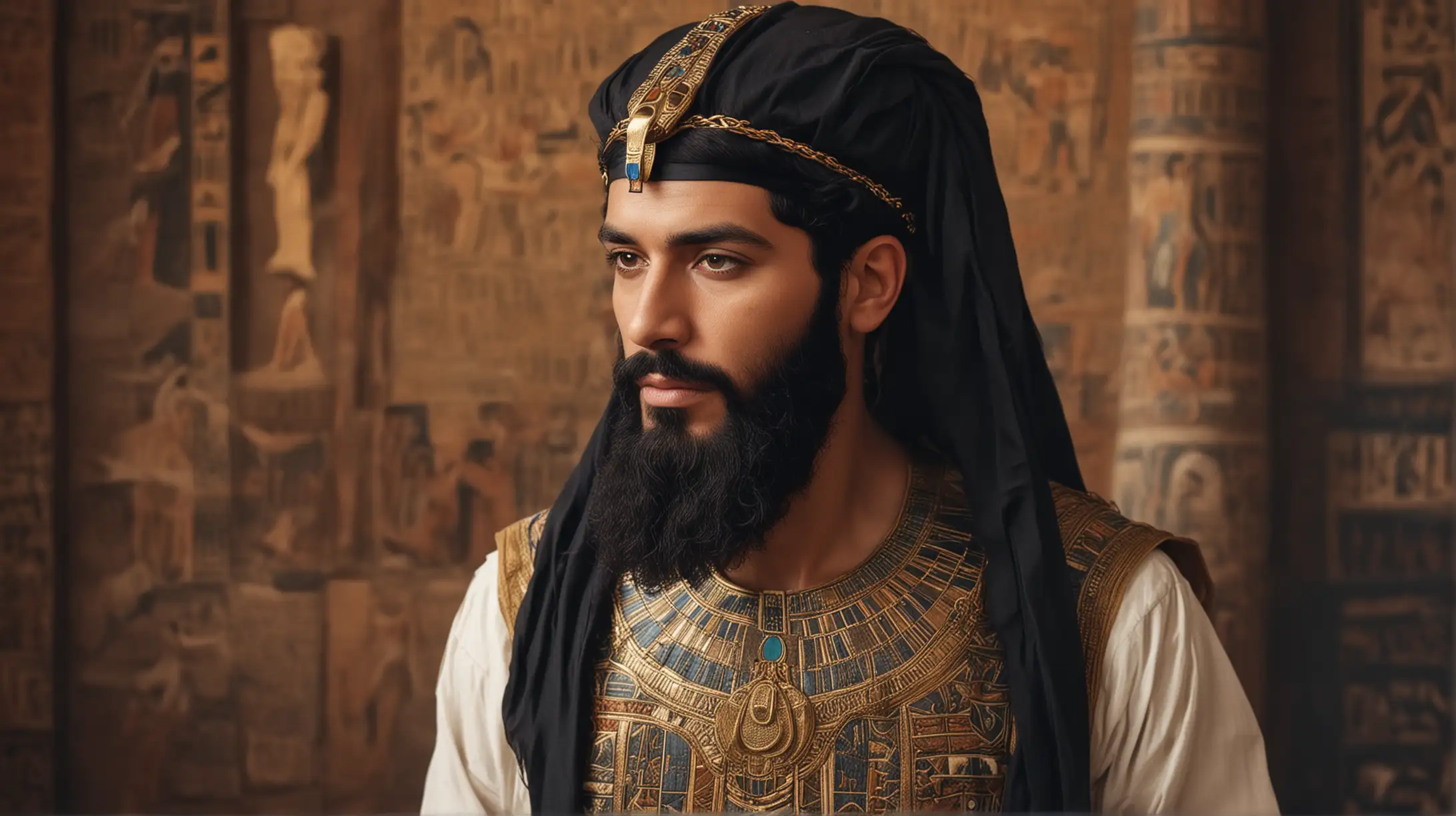 Древний Египет, стоит опытный красивый благородный умный мужчина с египетской бородой, в парике из черных волос до плеча и древнеегипетской одежде
