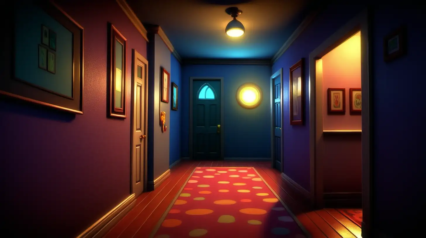 Cartoon House Hallway Night Scene with Whimsical Charm