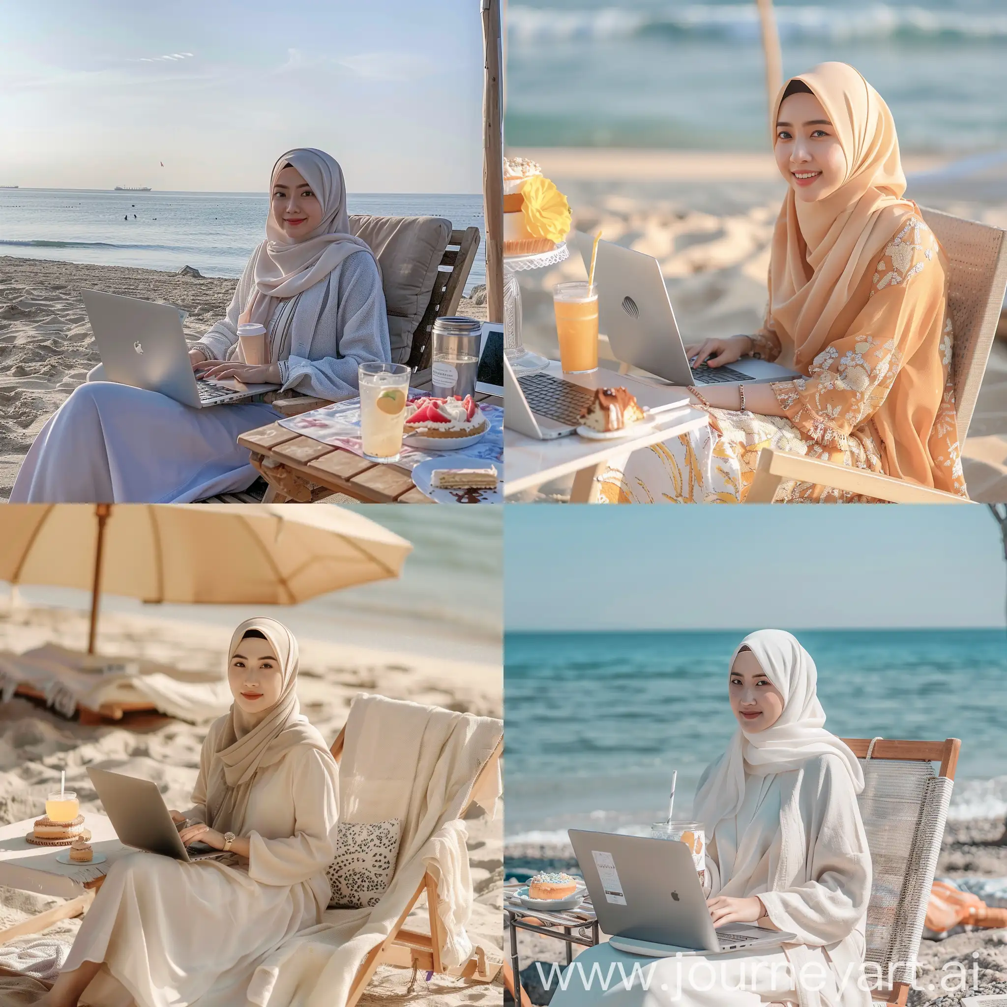 beautiful 25 year old korean hijab woman sitting on the beach with laptop, sun lounger, drink and cake on table, sunshine, summer
