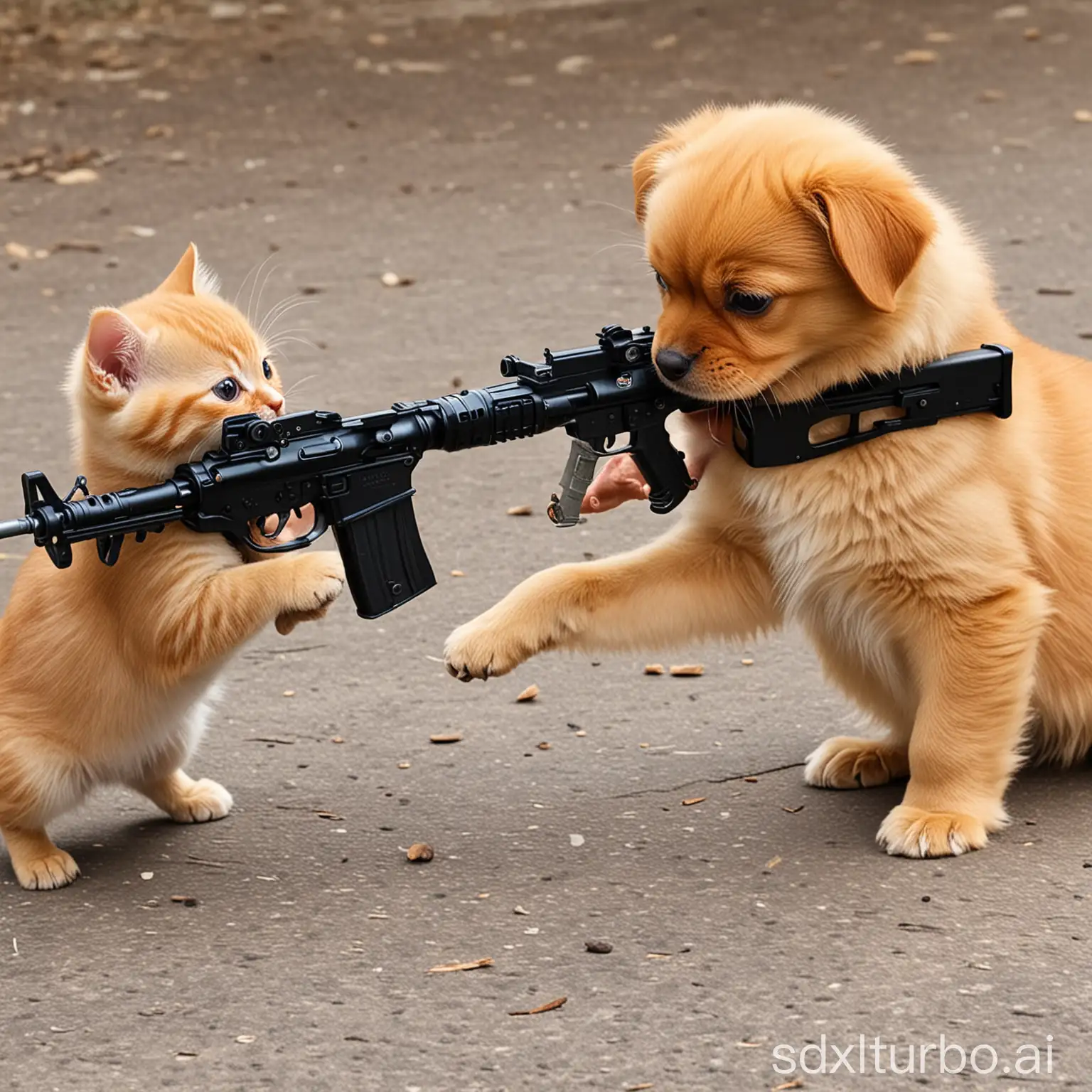 Playful-Little-Dogs-Engage-in-Combat-with-a-Tiny-Kitten-Armed-with-Oversized-Guns