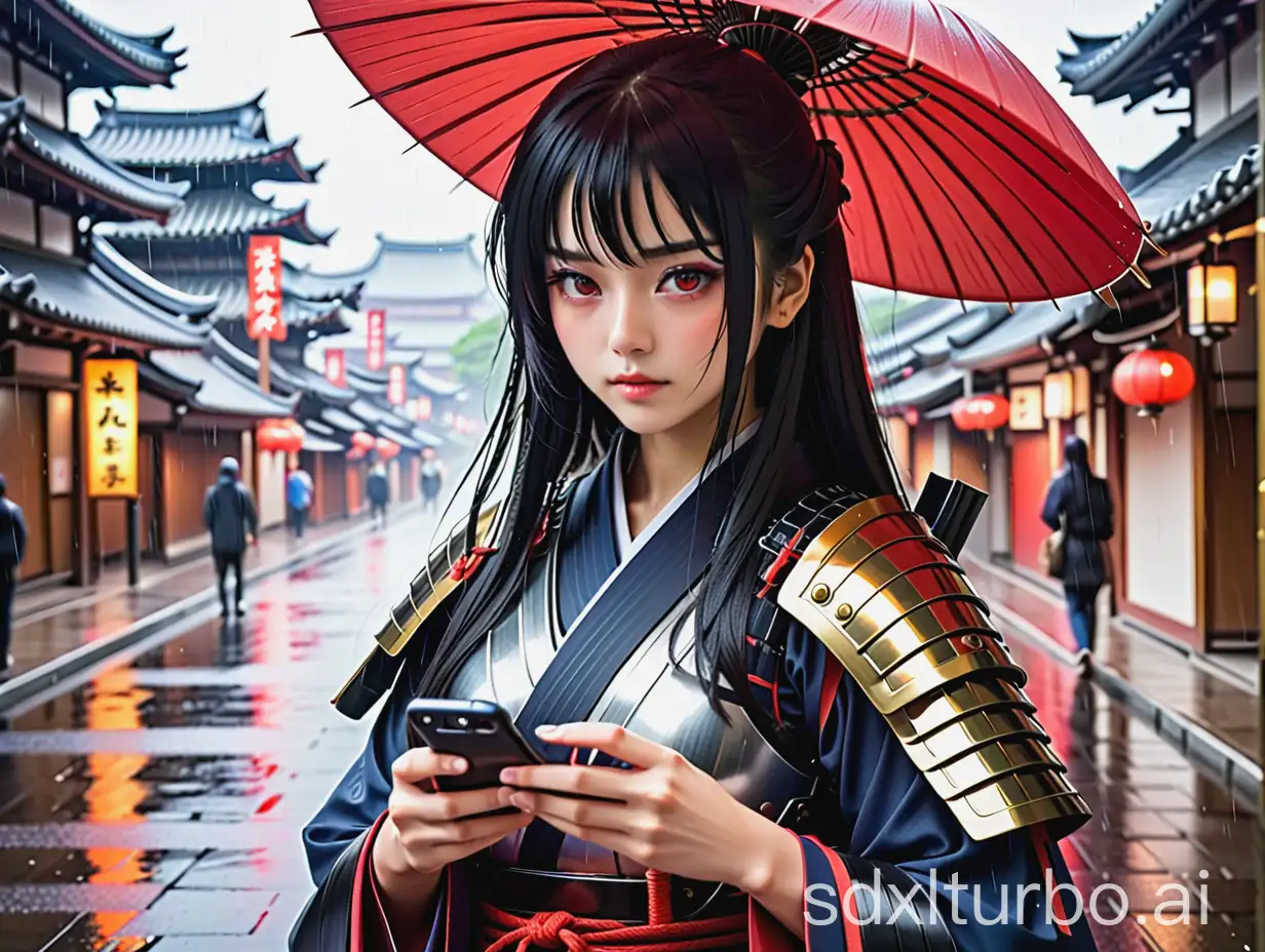 1girl,Japanese,in rain day,black long hair,red eyes,samurai armor,holding a cellphone,best quality 